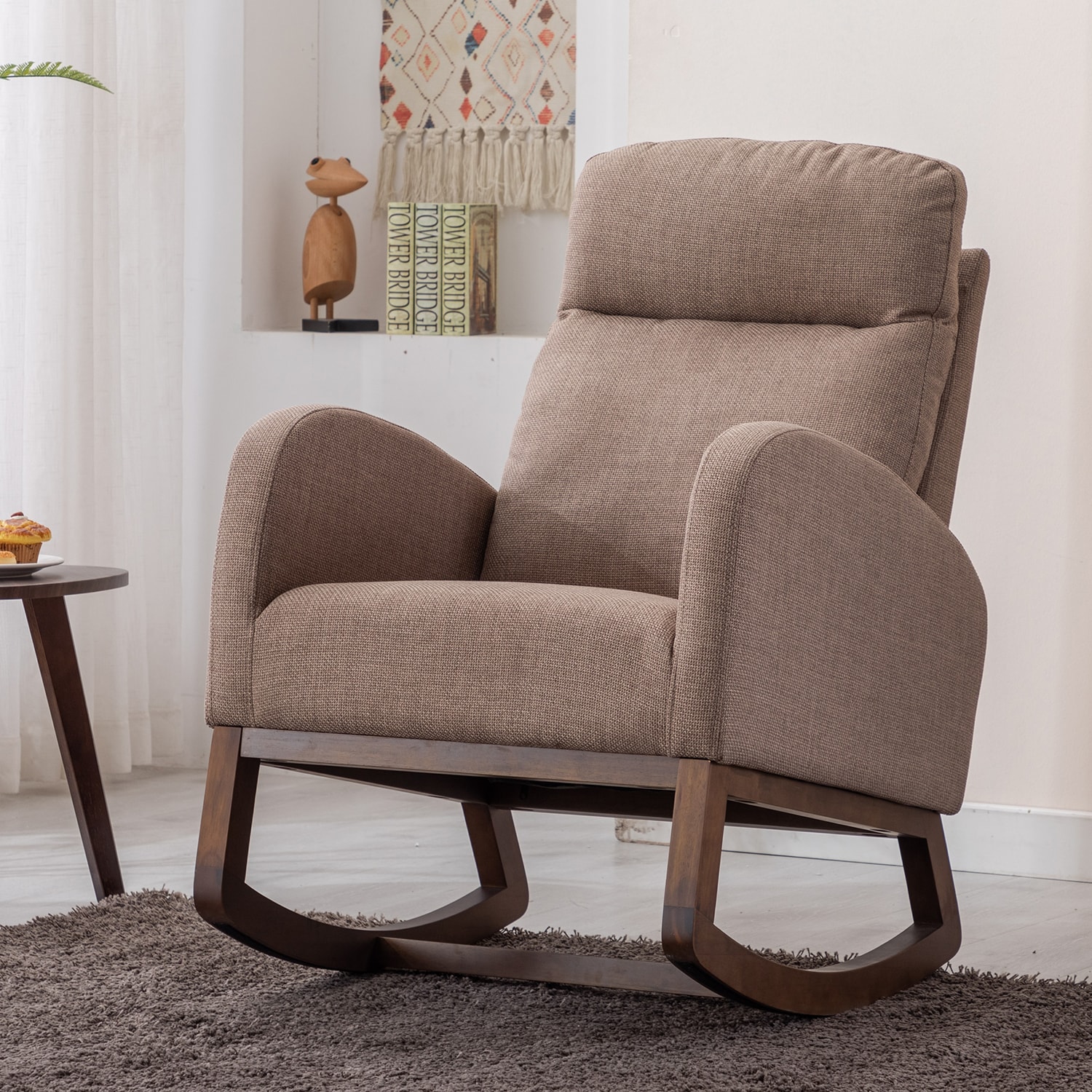 GZMR GZ-W15007 Rocking Glider Recliner Armchair with Wood Legs Camel Polyester Massage chair