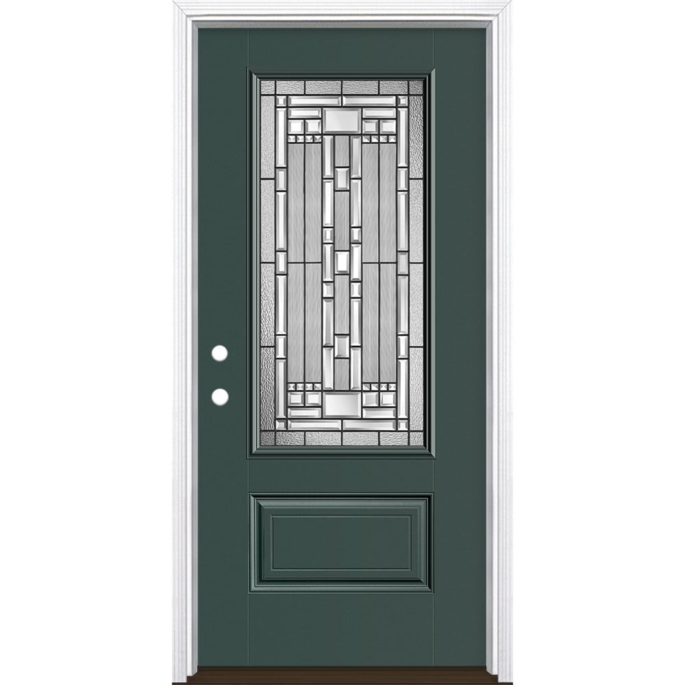 Masonite 3421222 Naples 36-in x 80-in x 4-9/16-in Fiberglass 3/4 lite Right-hand inswing Evergreen Painted Prehung Single door Front Door with Brickmould Insulating core Decorative glass