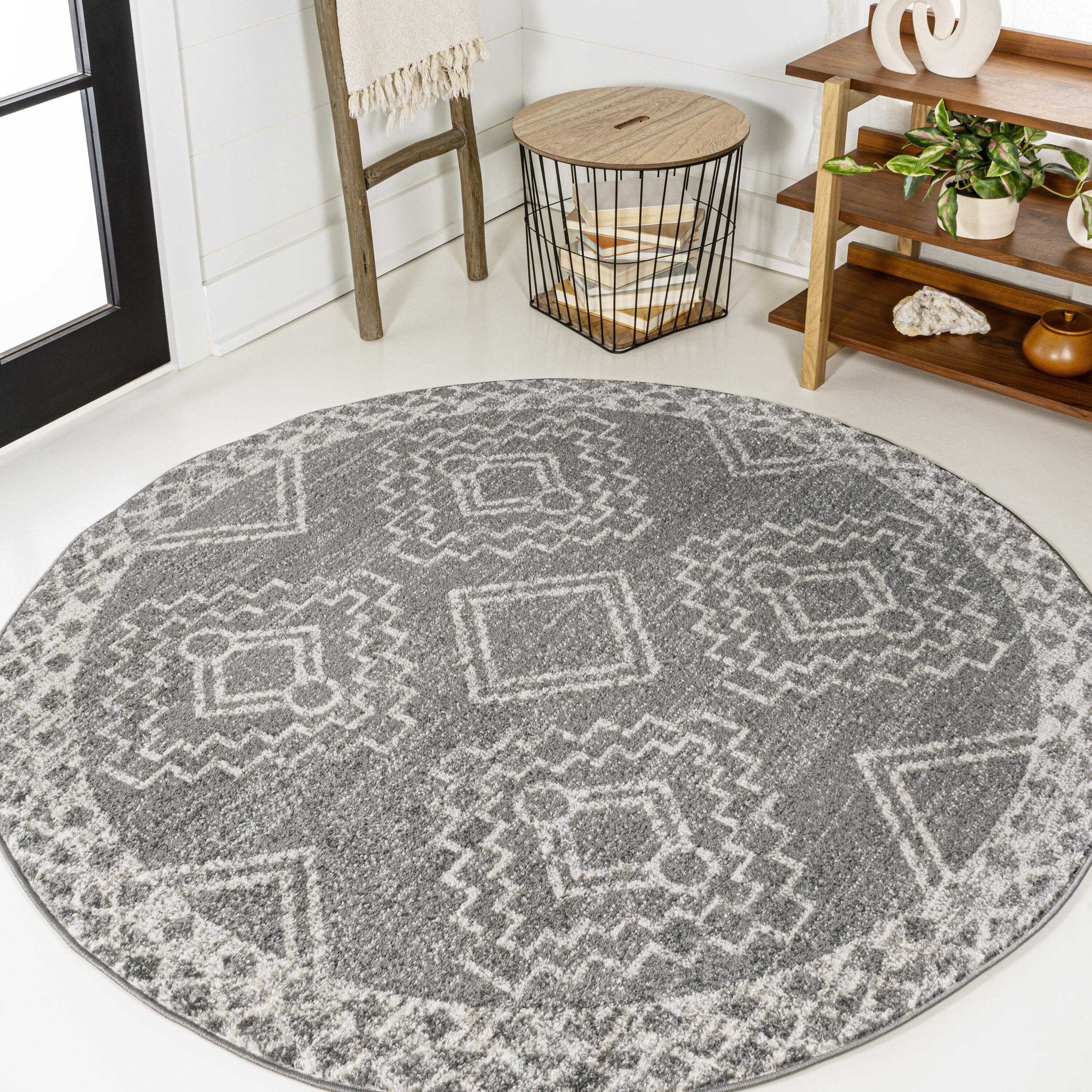 JONATHAN  Y MOH200C-7R Moroccan HYPE Amir Beni Souk 7 x 7 (ft) Loomed Polypropylene Gray/Cream Round Indoor Geometric French Country Area rug