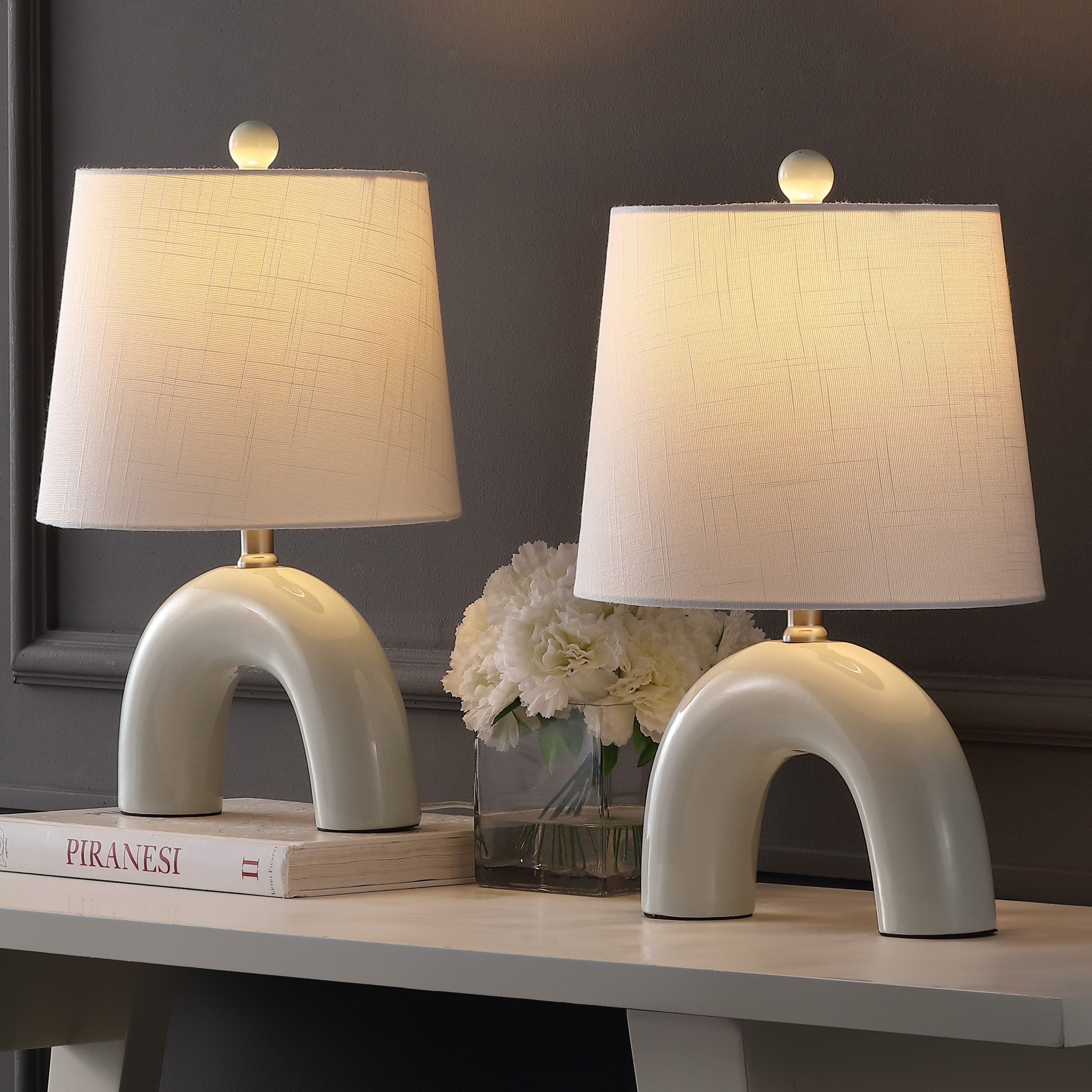 JONATHAN  Y JYL5503B-SET2 Zadi Scandinavian Minimalist Ceramic Arch 17.75-in Blue Gray LED Rotary socket Table Lamp with Linen Shade 2 -Set