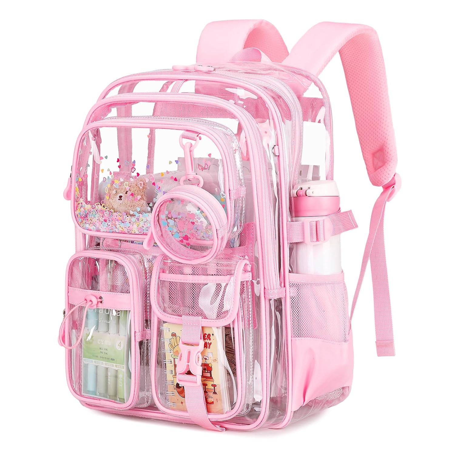 KINGSLONG Clear Backpack with 6 Pockets Stadium Approved Transparent PVC School Bookbag with Padded Straps and Detachable Coin Pouch 11.81 x 6.3 x 16.93 Inches