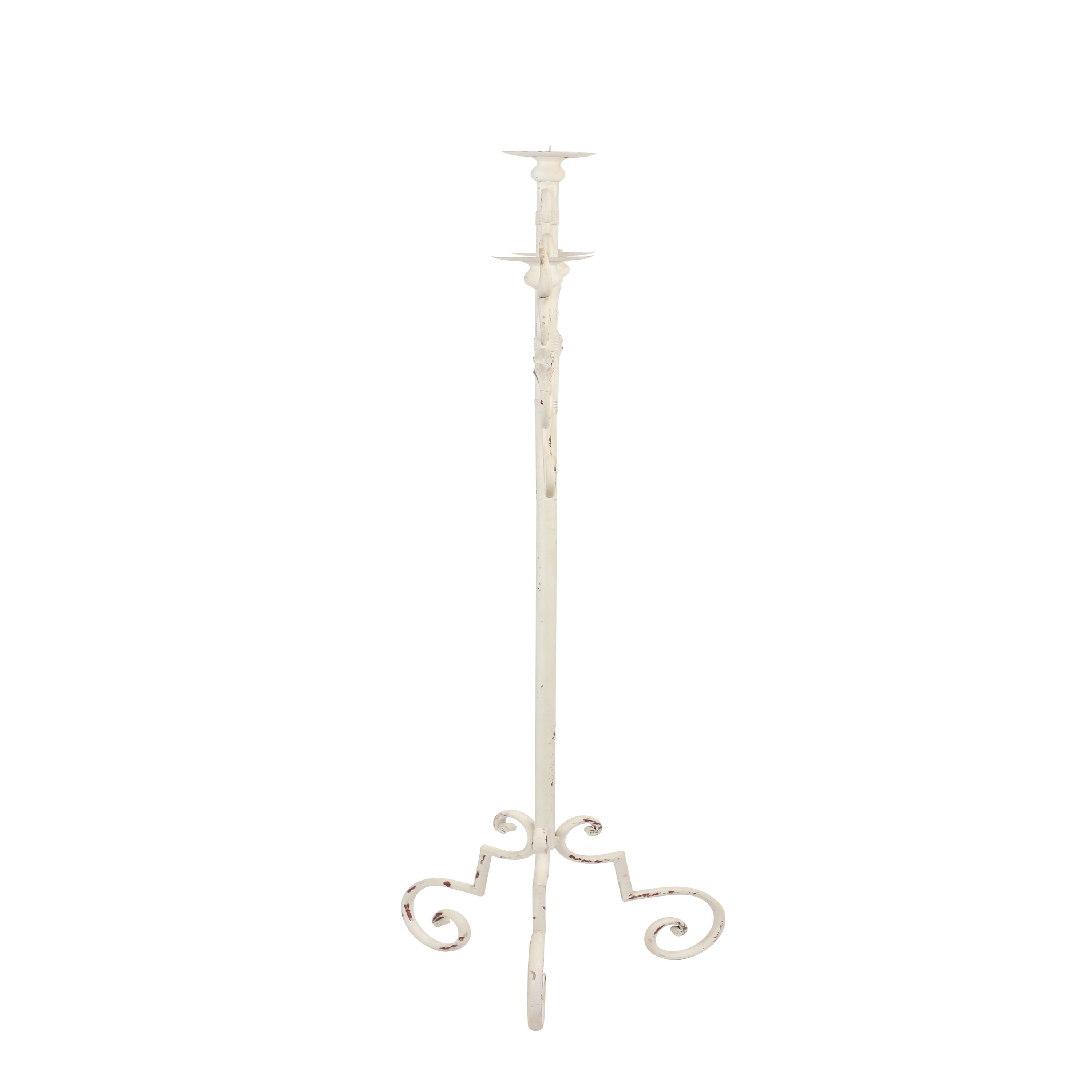 Tall Distressed White Metal Floor Candelabra with Scrolled Base