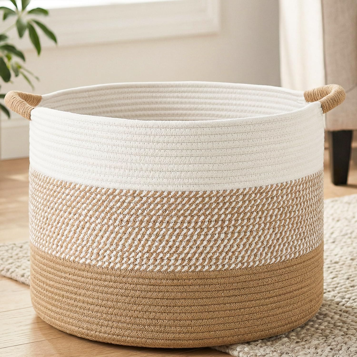 KHKFY  Large Cotton Rope Basket 70L Decorative Woven Blanket Storage Boho Toy Storage Box for Kids Versatile Laundry Basket Nursery Hamper Brown