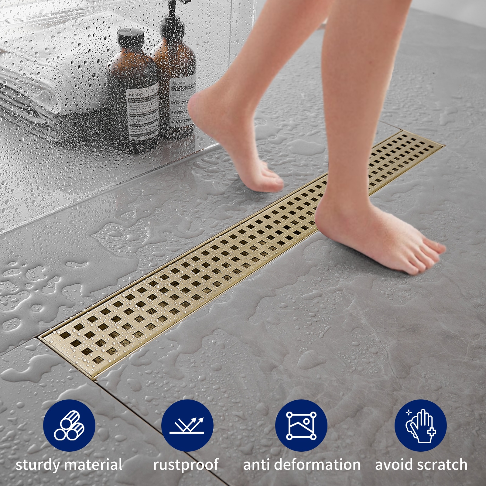 Brushed Gold 24-Inch Stainless Steel Linear Shower Drain with Square Pattern
