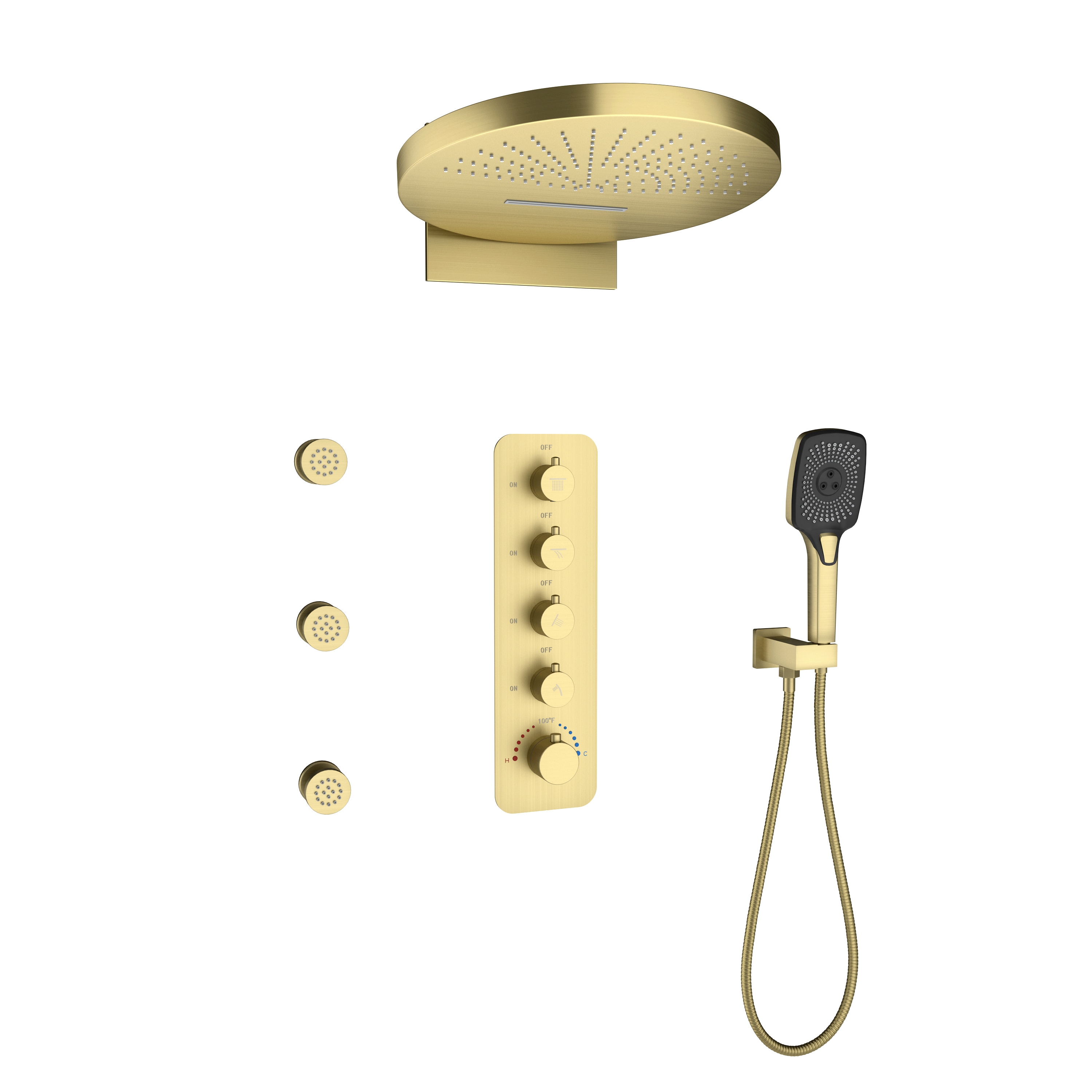 CASAINC CA-A4361-BG Brushed Gold 16-in Waterfall Built-In Shower Faucet System with 4-way Diverter ( Thermostatic Valve Included )