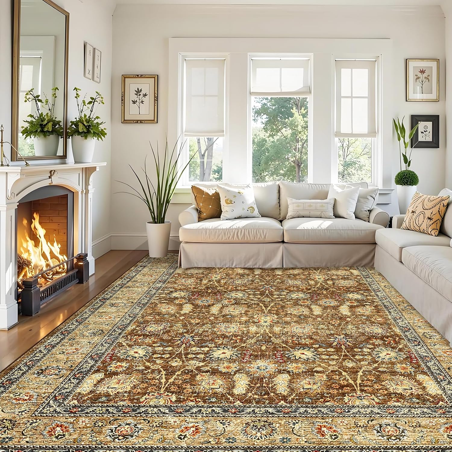 Qeetex - Washable Area Rug Vintage Floral  Pastel Oriental Soft Low-Pile Carpet Stain Resistant N...