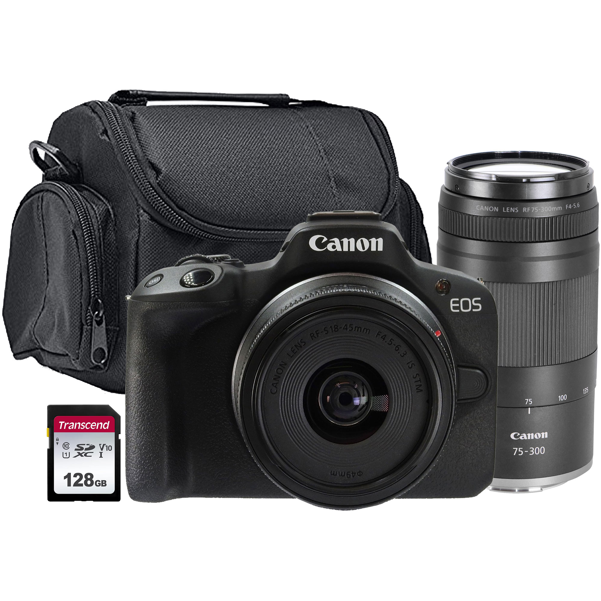 Canon  EOS R50 Mirrorless Camera Black with  RF S 18 45mm F4.5 6.3 IS STM Lens  RF 75 300mm F4 5.6 Lens Transcend 128GB SDXC SDHC 300S Memory Card and BePro BC 2 Case Medium