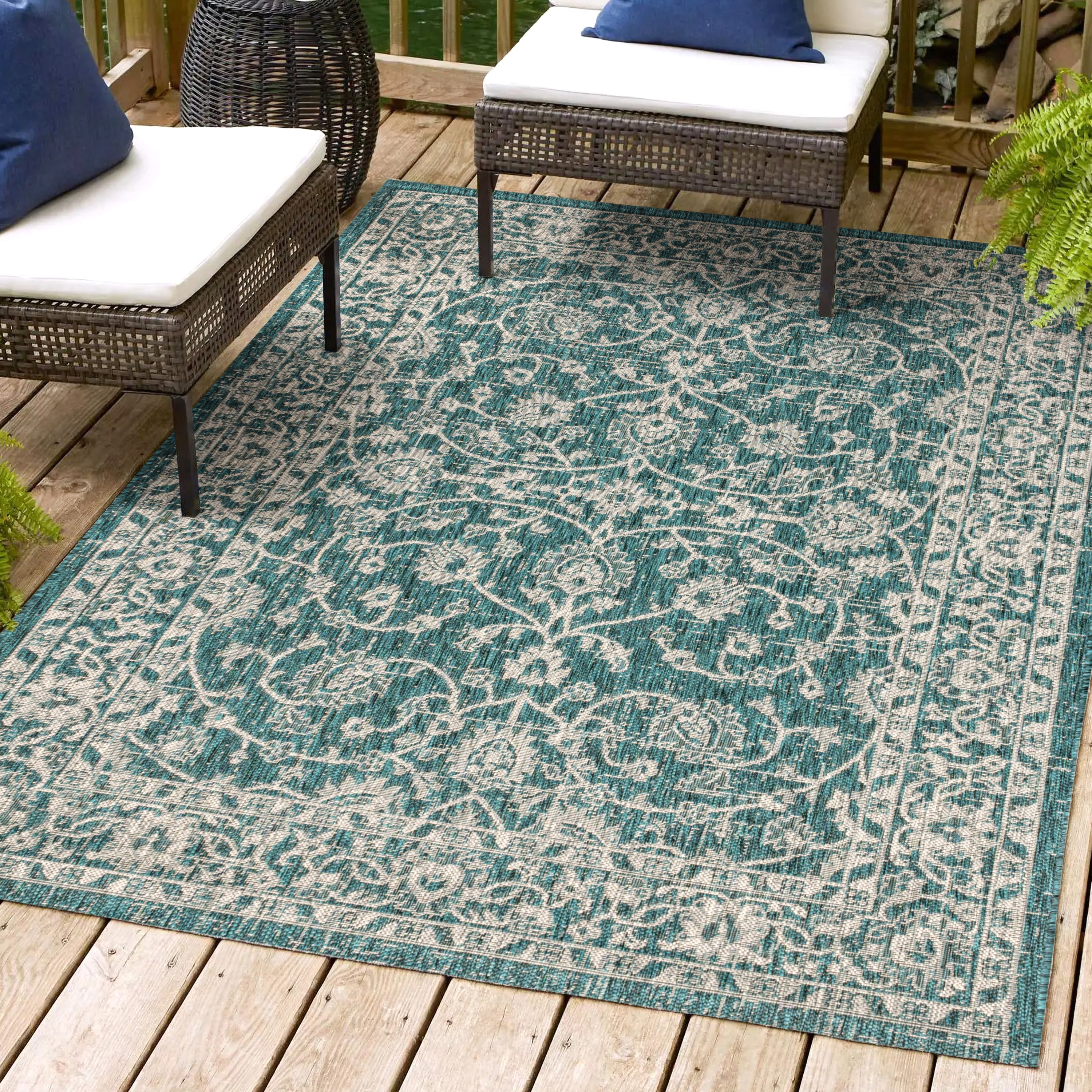 JONATHAN  Y SMB103B-4 Santa Monica Palazzo Vine and Border Textured Weave 4 x 6 (ft) Loomed Polypropylene Teal/Gray Rectangular Indoor/Outdoor Border Coastal Area rug