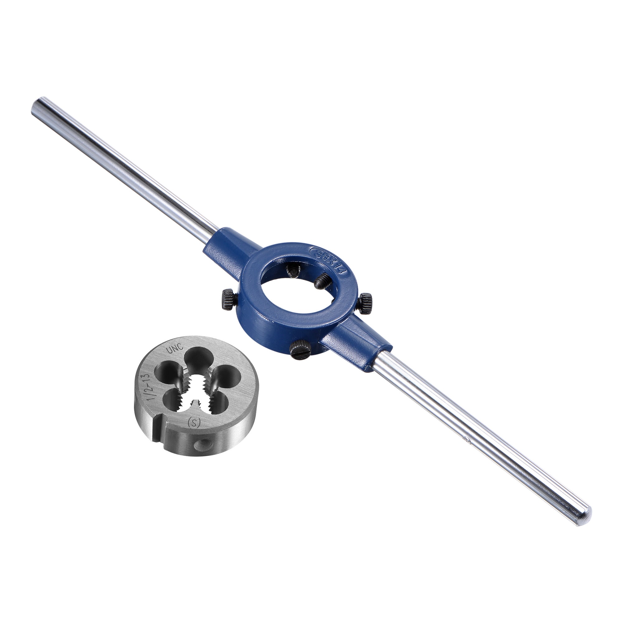 Unique Bargains Round Die Stock Handle Wrench Set 1/2-13 UNC Threading Die and 38mm (1-1/2inch) Die Holder (Fits: 26mm-38mm OD Die / M12-M16 Thread Die) Adjustable for Bolt Thread Repair #S25072800UX9763