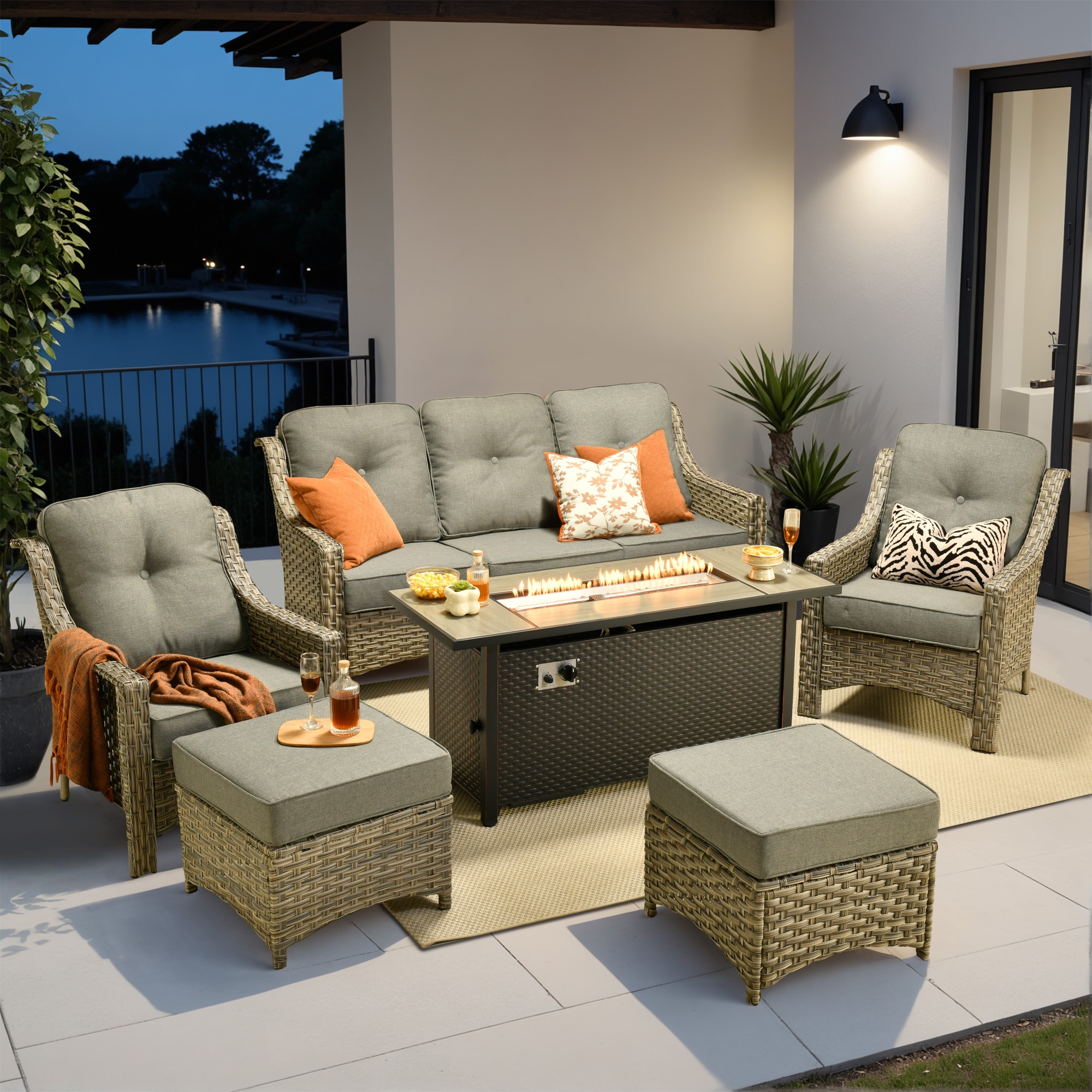 weaxty HMBCFP8503-PAD206 Aireno 6 -Piece Wicker Patio Sofa Conversation Set with Gray Cushions