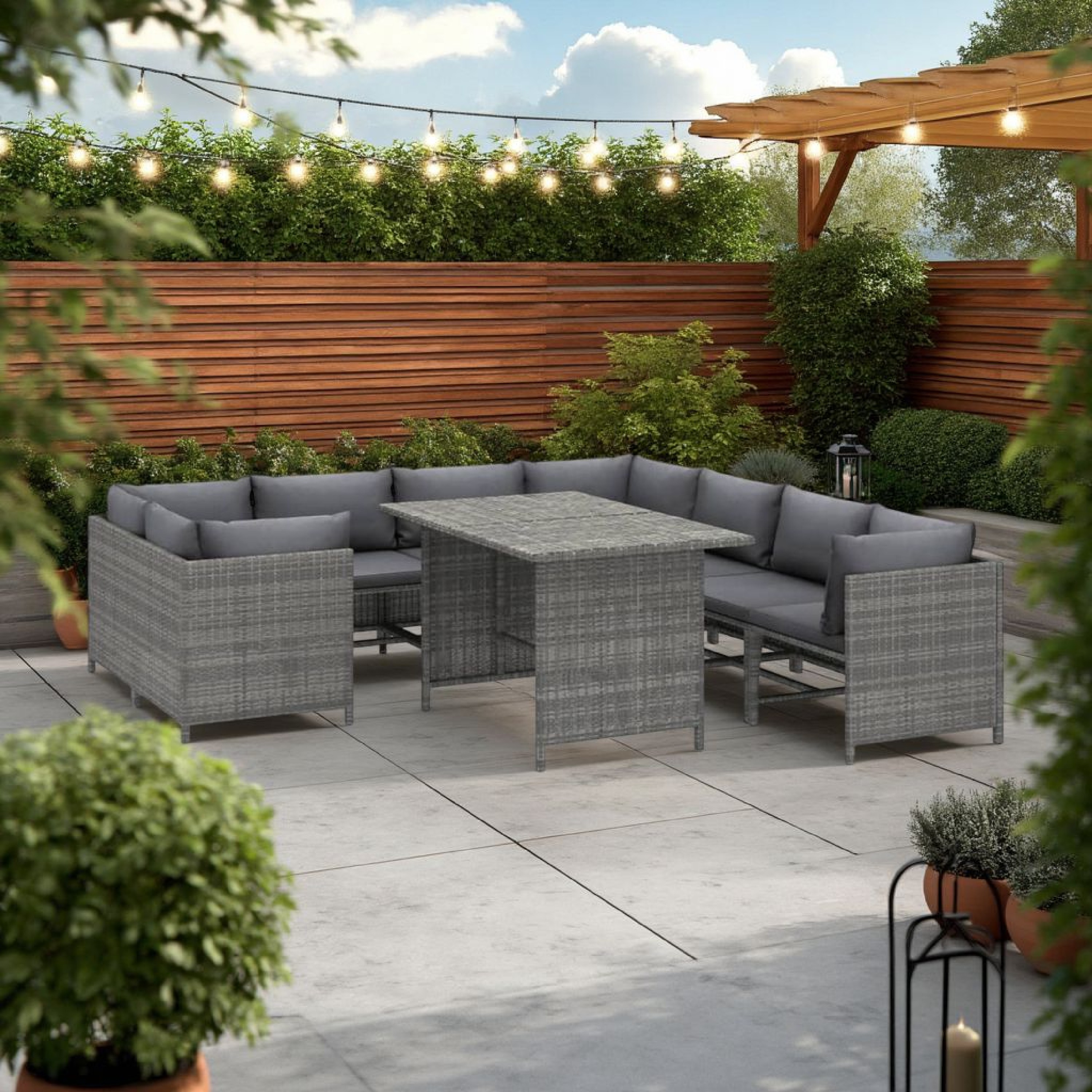 Benzara Avio 9-Peice Metal Modular Outdoor Sofa Sectional Set with Gray Cushions and Square Coffee Table