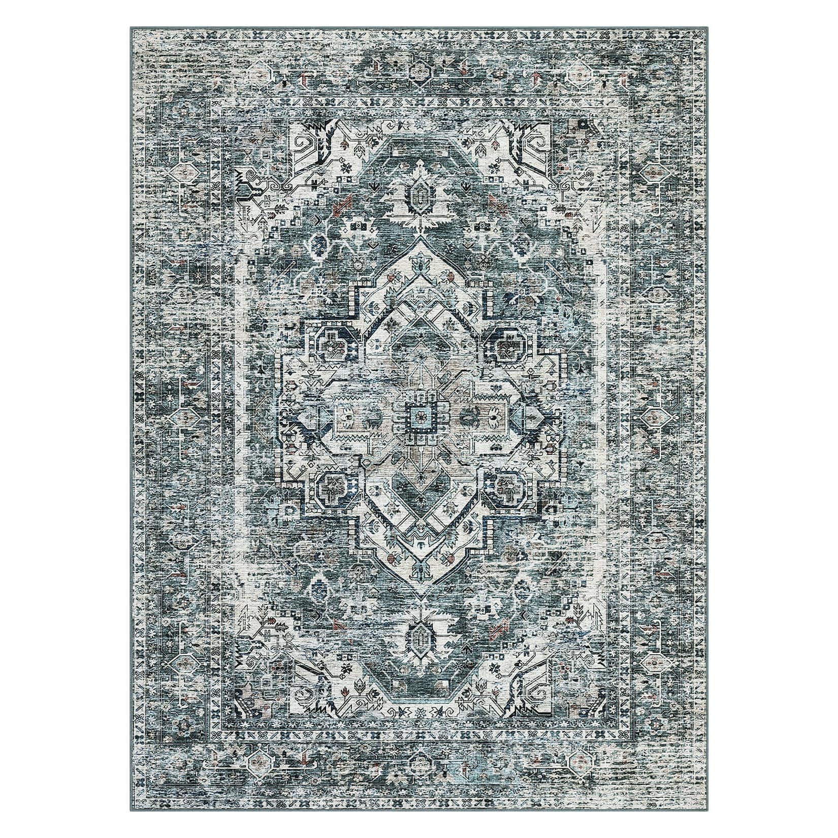 Qeetex LSN-PHO-0ZTBX7YN 4 x 6 ft Polyester Orange Rectangular Hallway Bathroom Entryway Kitchen Office Foldable Flower Printed Persian Washable Area Rug