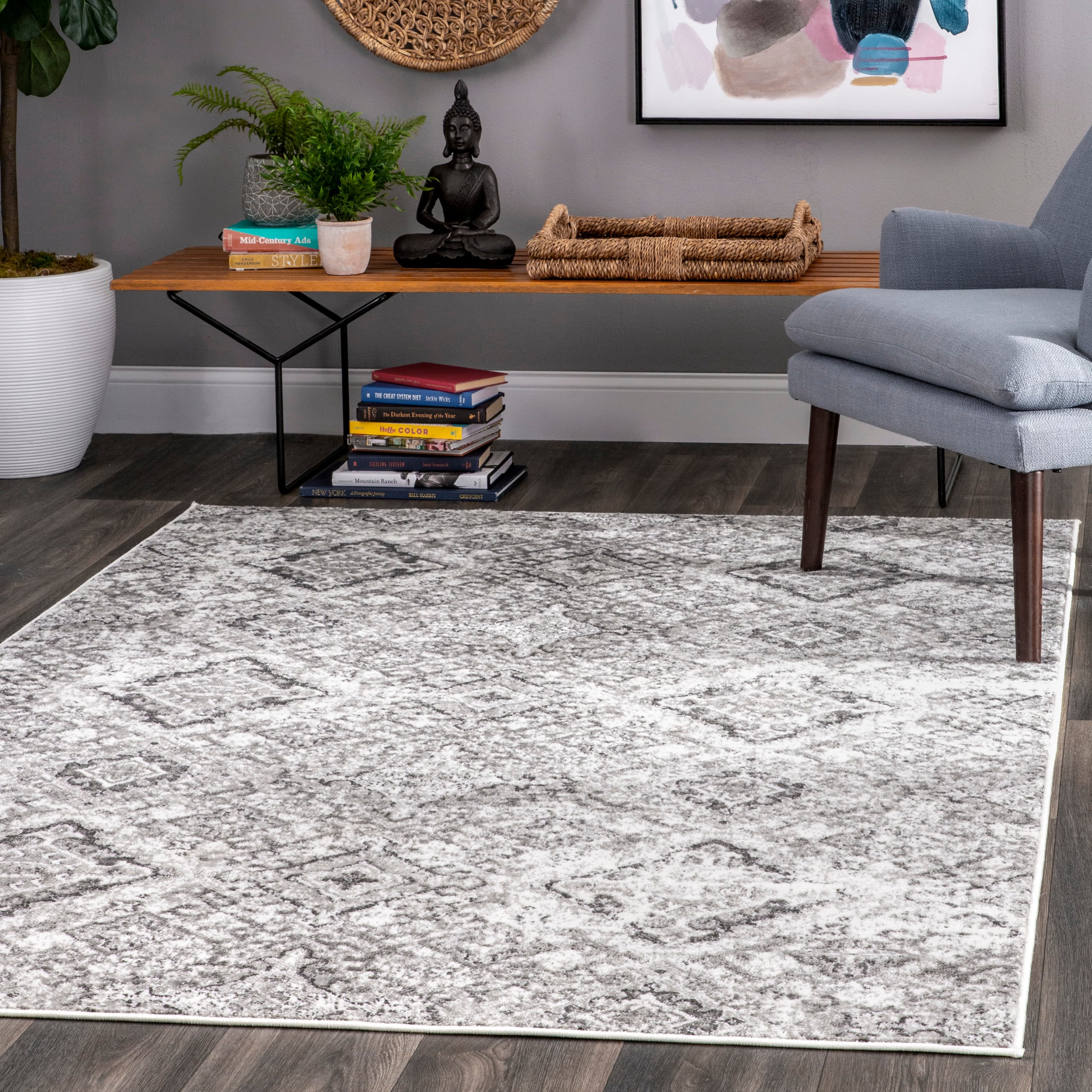 Gray Rectangular Synthetic Vintage Pattern Area Rug 3' x 5'