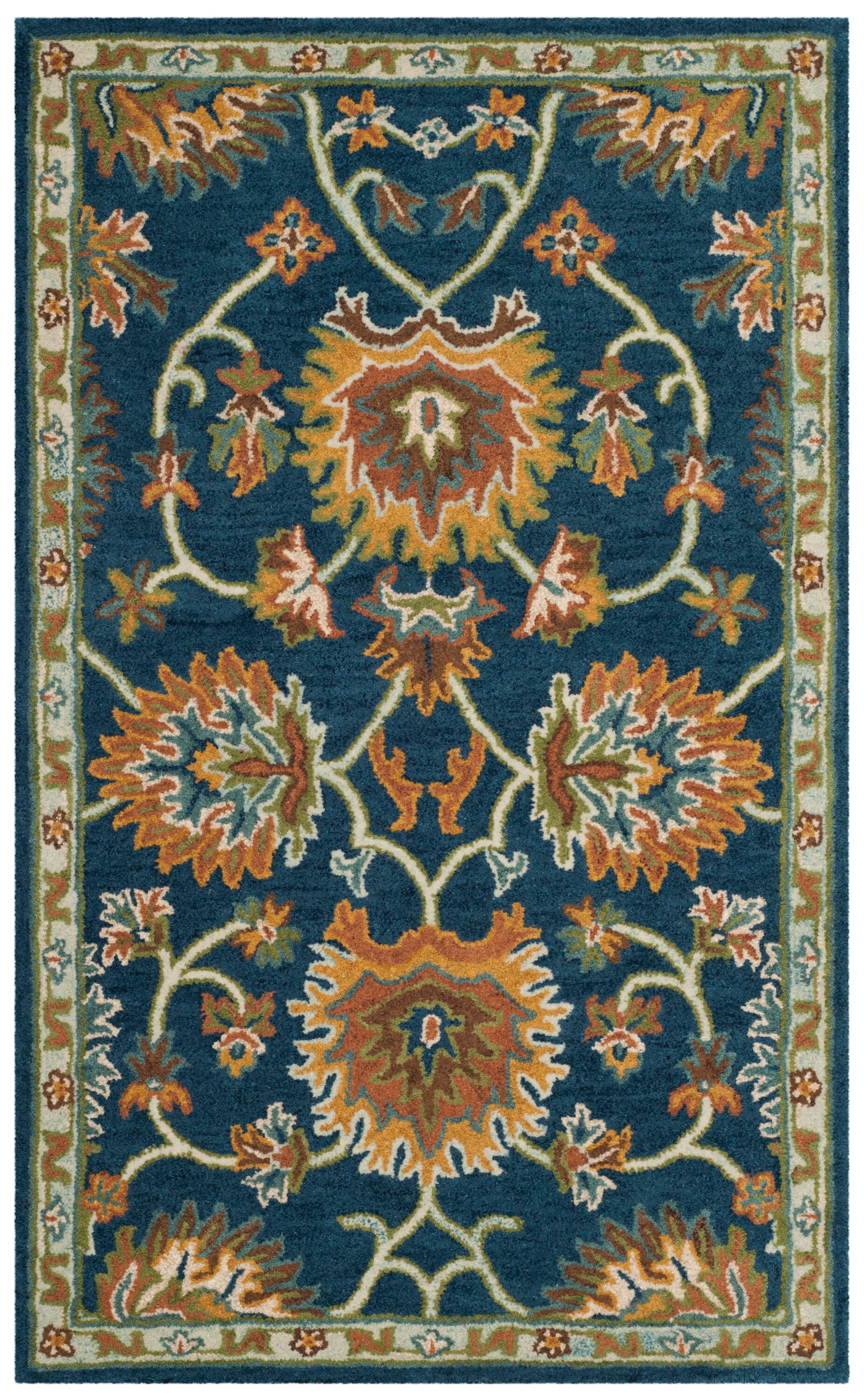 Navy Blue Hand-Tufted Wool Rectangular Floral Area Rug 3' x 5'