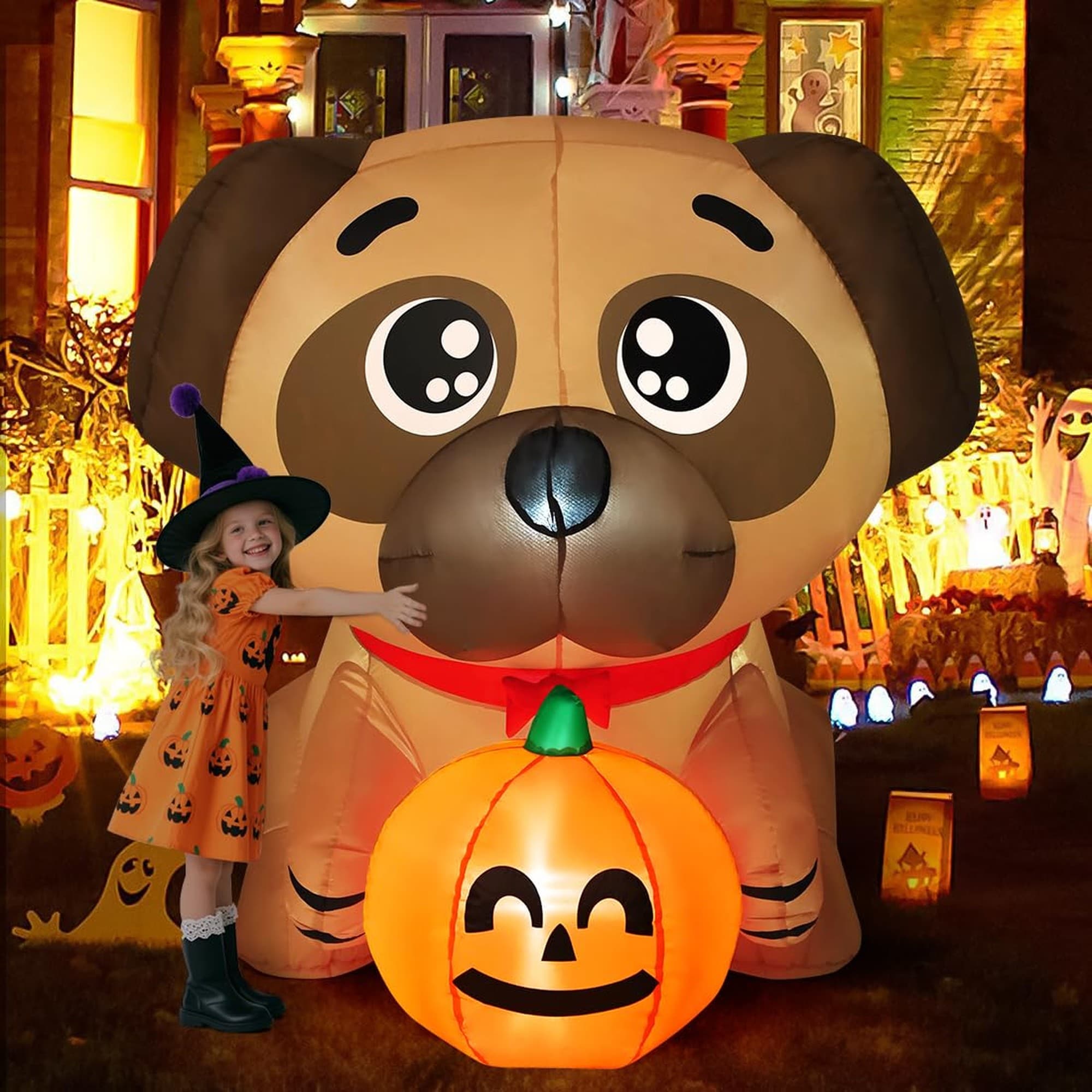 Numhew 60in H 1-Figure White Halloween Inflatable Pug Holding Pumpkin Yard Decoration
