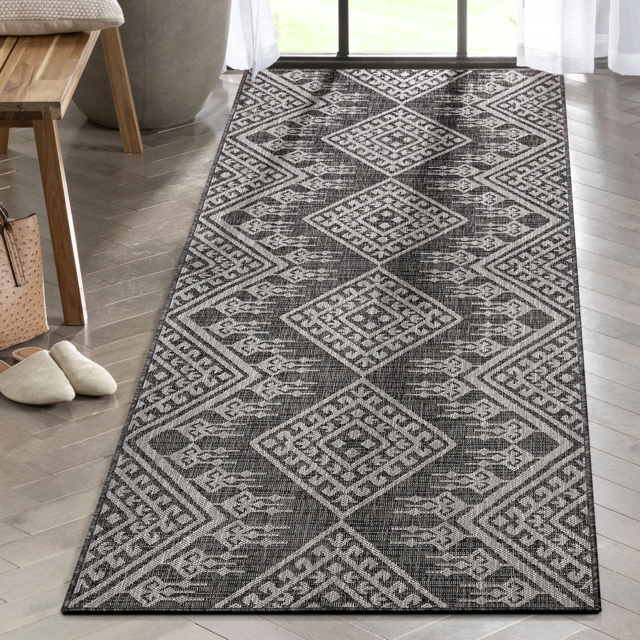 Well Woven MED-197-2L 2 x 9 (ft) Flatweave Polypropylene Grey Rectangular Indoor/Outdoor Tribal Mid-Century Modern Runner rug