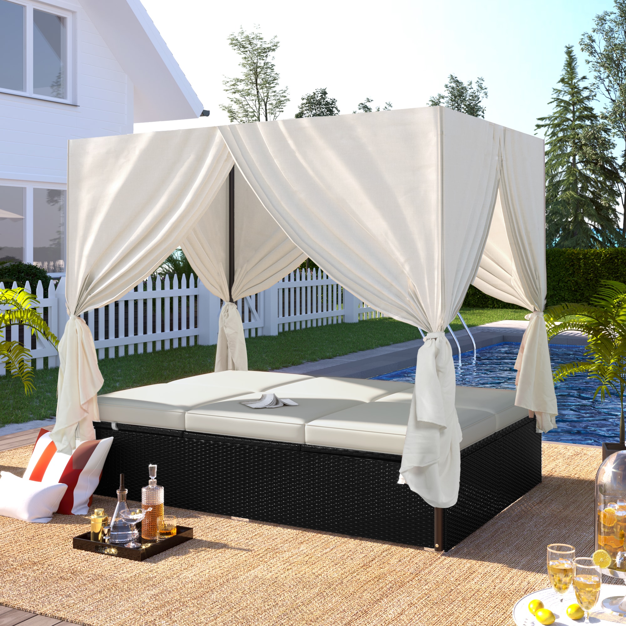 JIMSMAISON BOUSPDB03BEG Rattan Outdoor Daybed with Beige Cushions and Steel Frame