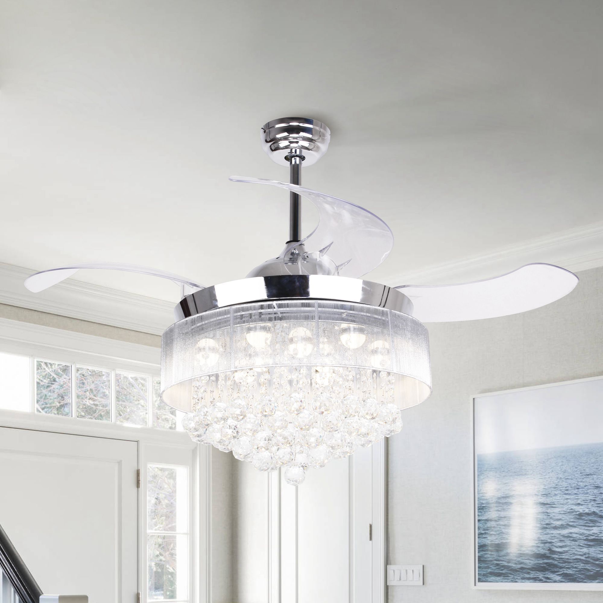 Matrix Decor MDF4601Y110V 46-in Chrome with Clear Blades Indoor Downrod mount Standard Ceiling Fan With Light and Remote ( 4 -Blade)