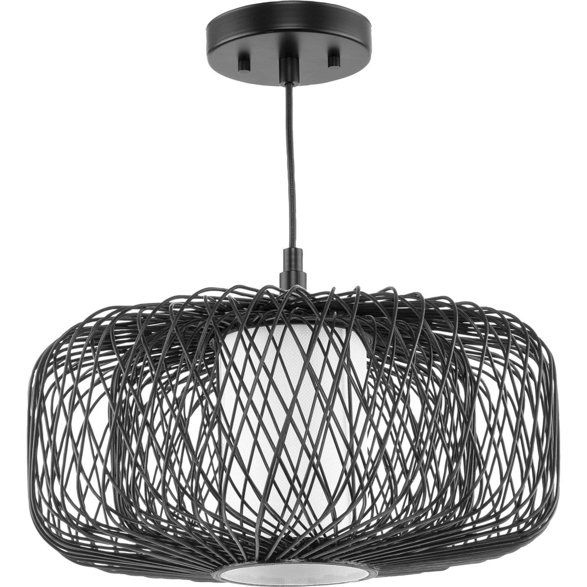 Progress Lighting P500396-202 Cordova Black Rattan Coastal Drum Medium Hanging Pendant light