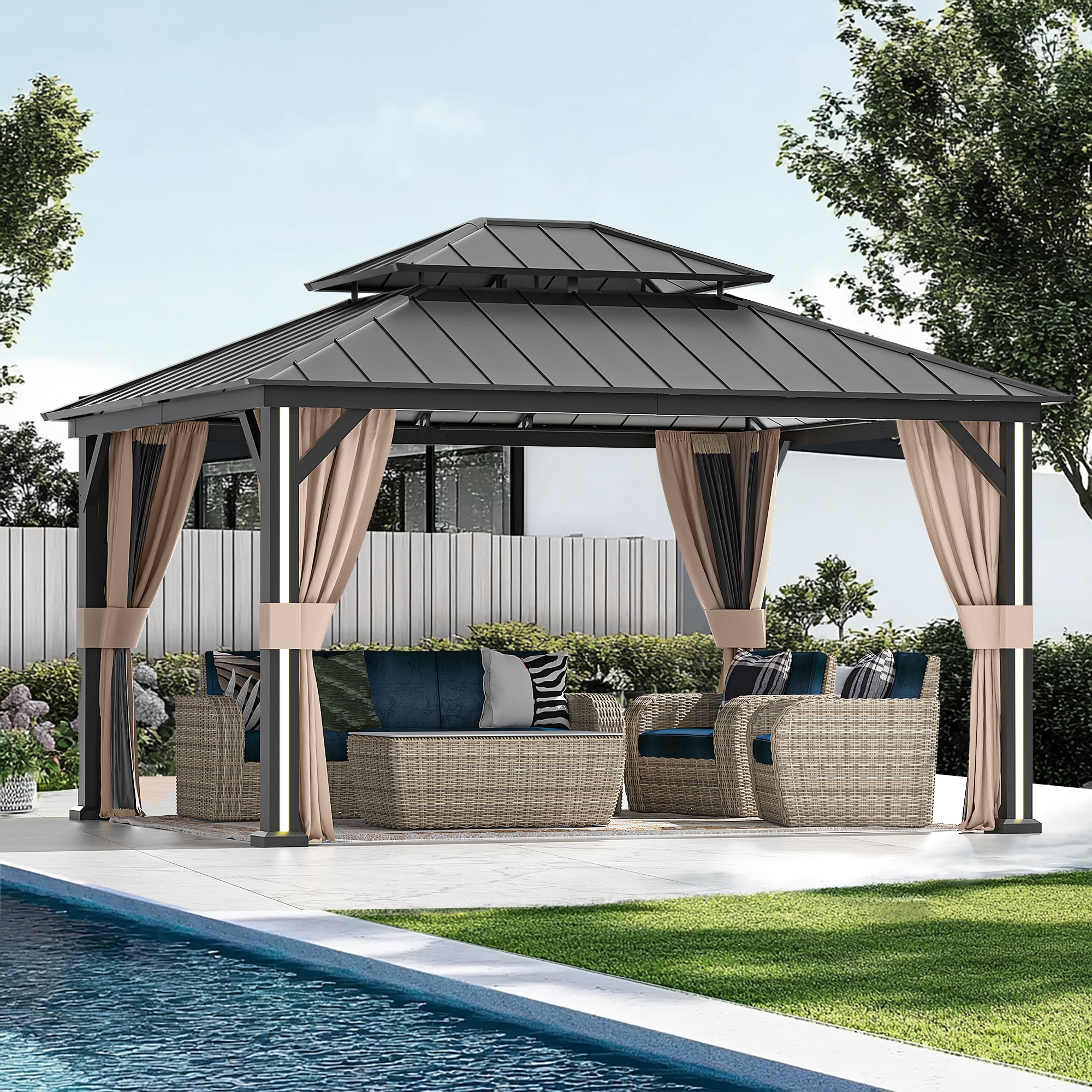 ELEVATE OUTDOORS IG10600042-1012 12-ft x 10-ft Verda Black Gazebo with Hardtop Roof (Screen Included)