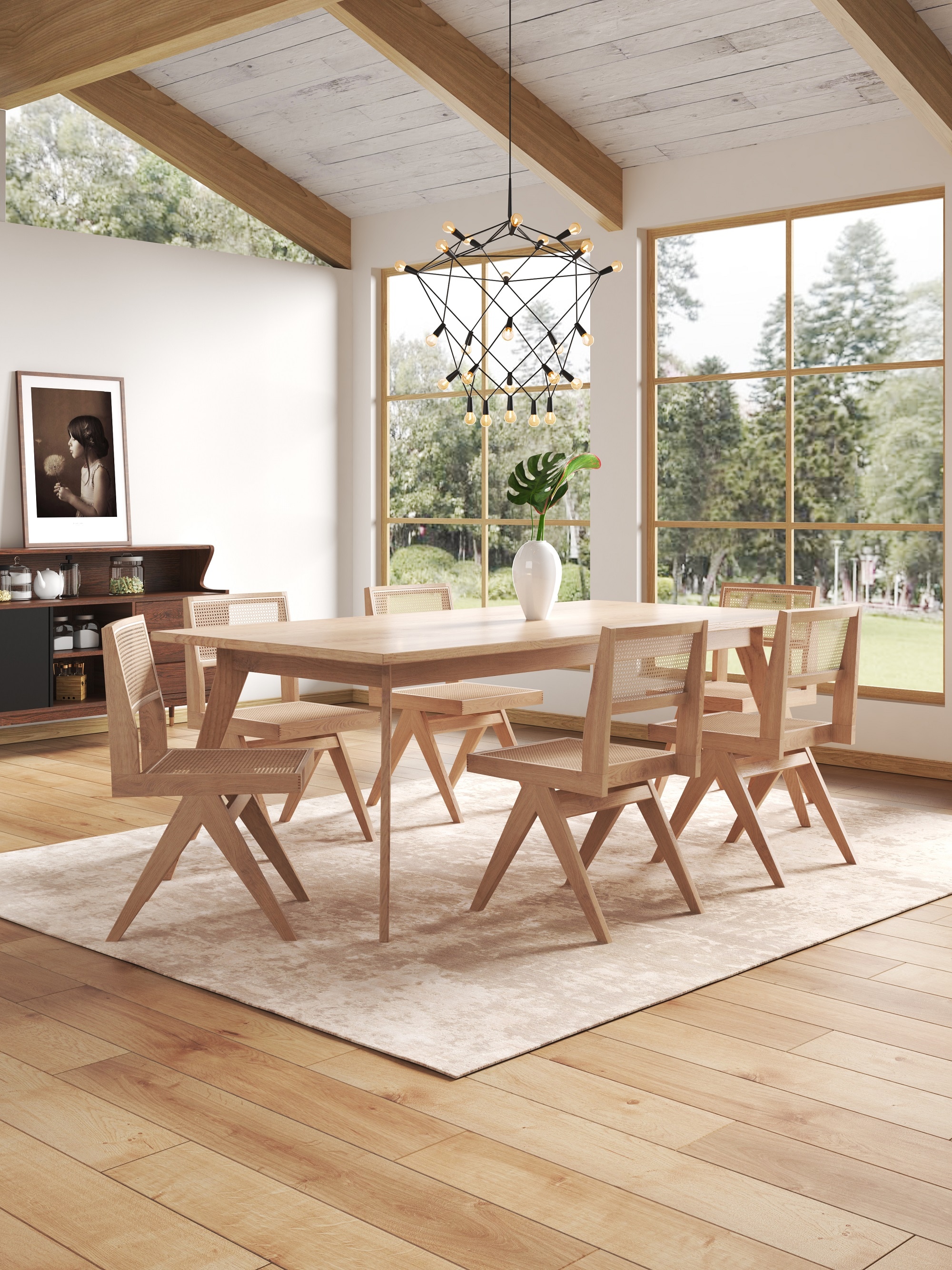 Manhattan Comfort 2-DCCA03-NA Smart, chic, with a bold look, the Hamlet Dining Chair has it all. A distinguished a-frame style base holds a clean lined rectangular seat with wood rattan detailing. The matching backrest offers a slight curve for added comfort and support.