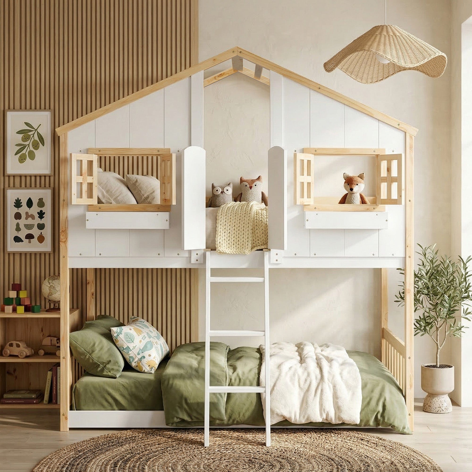 Vecelo Twin Over Twin House Bunk Bed for Kids Wooden Bed Frame with Roof Windows Low Bunk Bed Guardrails Ladder Natural Wood White