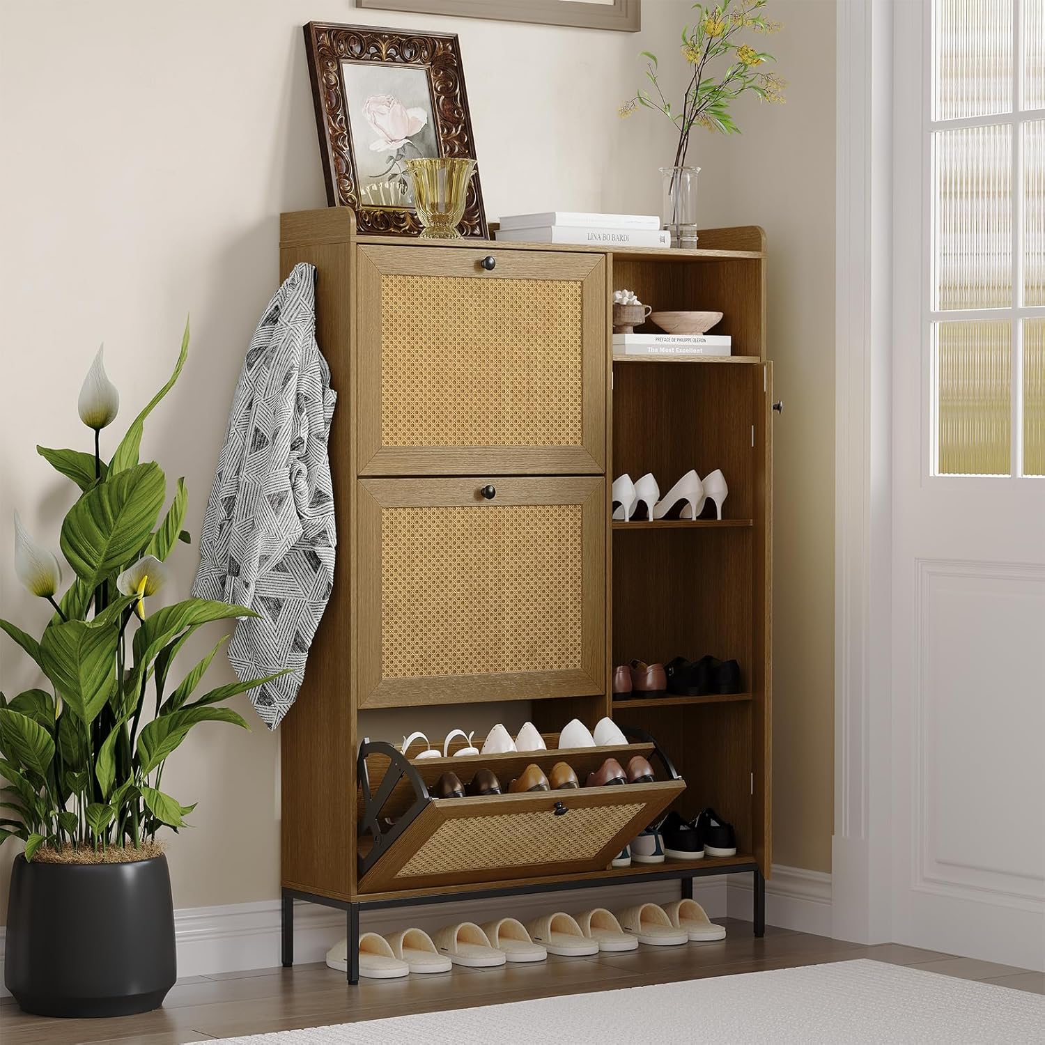 Qeetex LHF-DYQ-PHO-150W8HMT GAOMON Rattan Shoe Cabinet for Entryway Hidden Wood Shoe Rack Storage with 3 Flip Drawers  Narrow Freestanding Shoe Organizer Cabinet for Hallway Easy Assembly