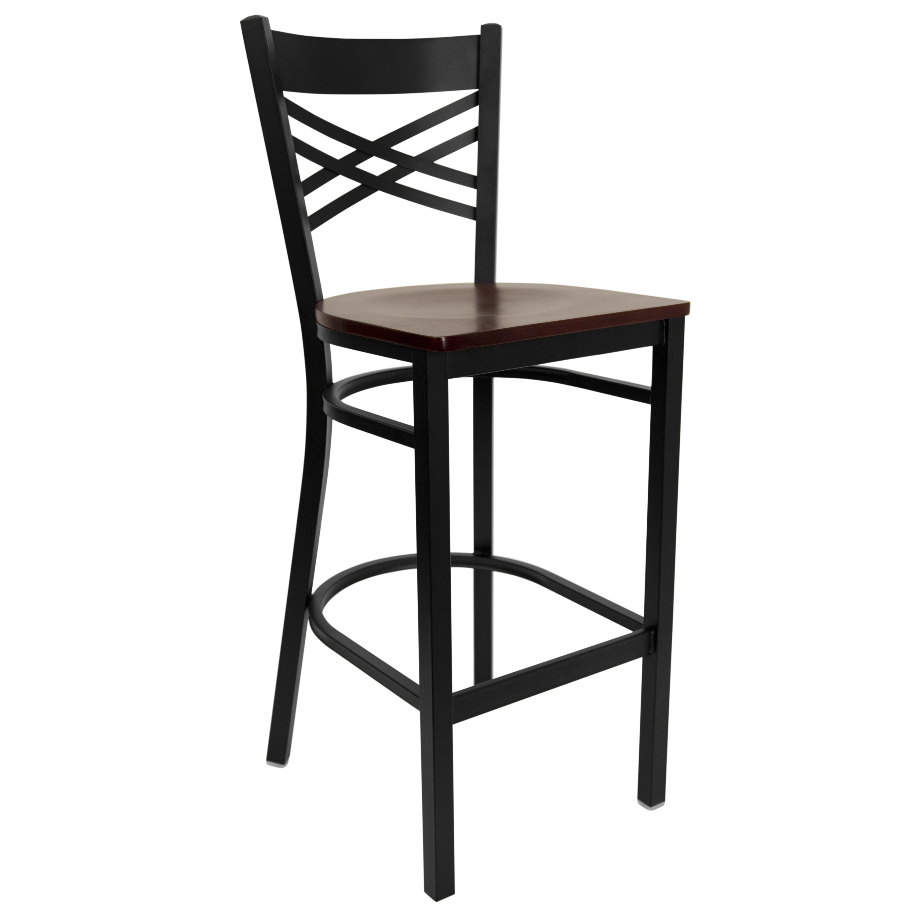Emma + Oliver - Black Metal X Back Barstool; Mahogany Wood Seat