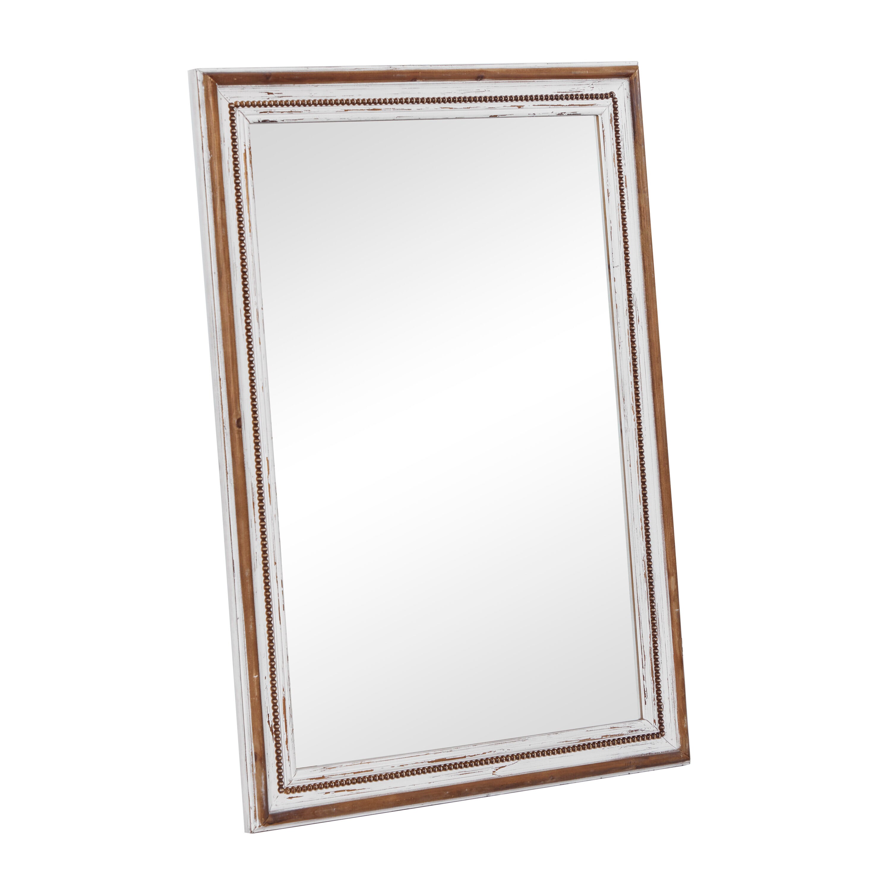 Brown Wood Rectangular Wall Mirror with Beaded Perimeter