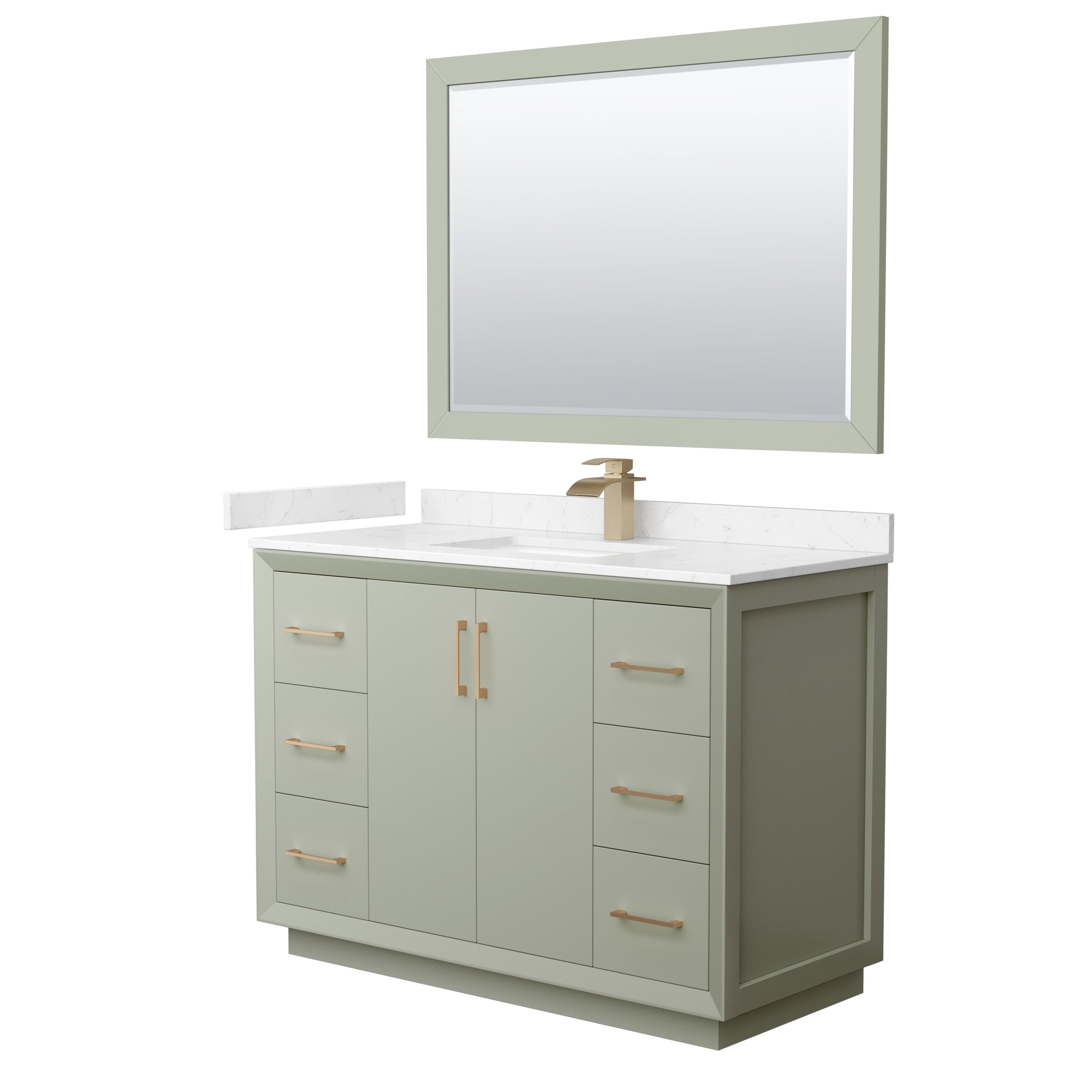 Wyndham Collection WCF414148SLZC2UNSM46 Strada 48-in Light Green with Satin Bronze Trim Undermount Single Sink Bathroom Vanity with Carrara Cultured Marble Top (Mirror Included)
