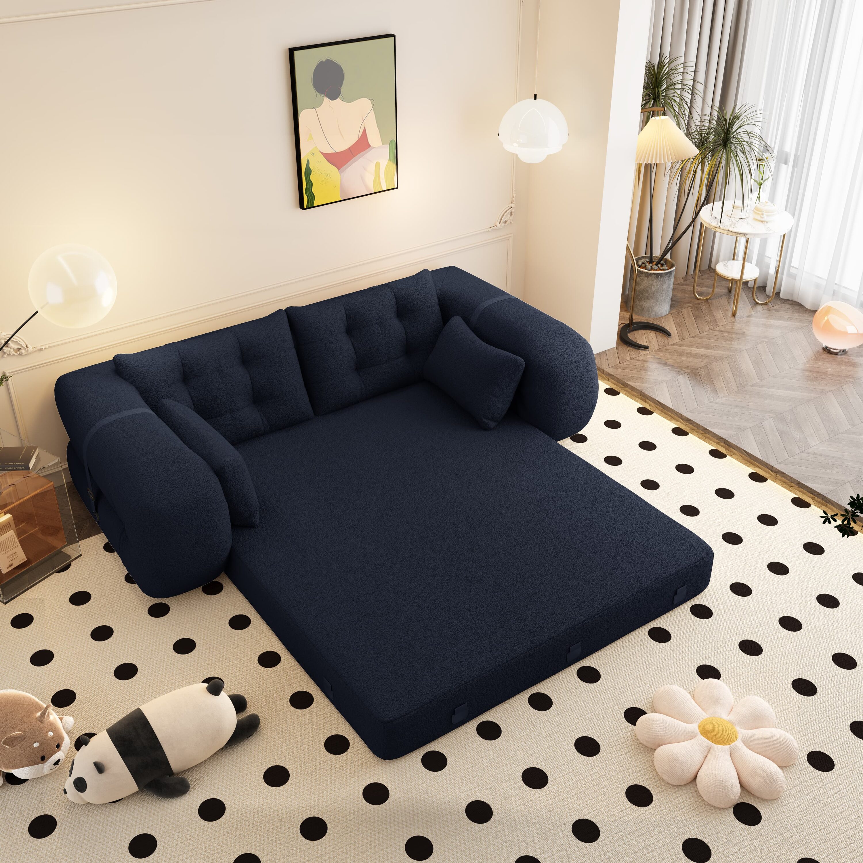 LUXEYARD Human Dog Bed 78 Inch 3 in 1 Foldable Sofa Bed Teddy Fabric Foam Filled Dark Blue #DS-X-SOFA212131