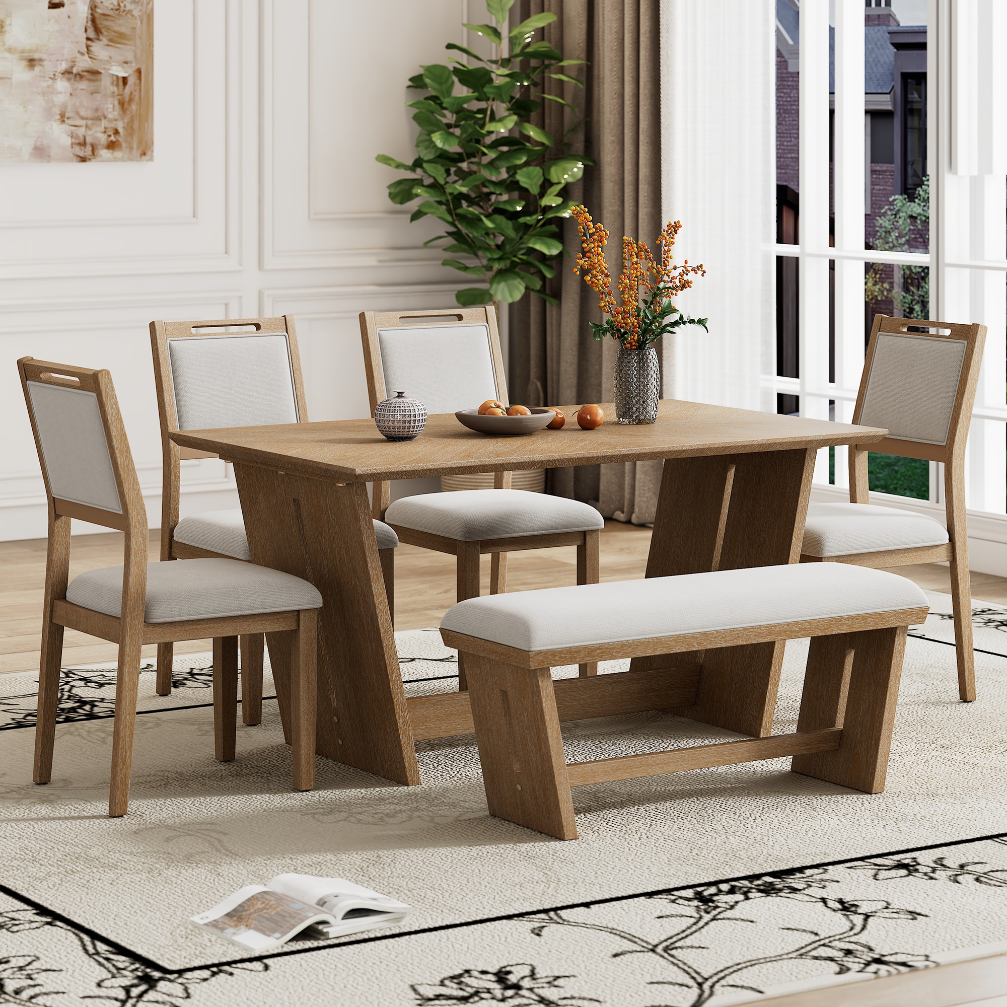ModernLuxe ST000127AAD 6Piece Retro Dining Table Set for 6 60inch Wood Kitchen Table and Chairs Set of 4 with Bench Designed Trestle Base for kitchen  Dining Room Natural Wood Wash