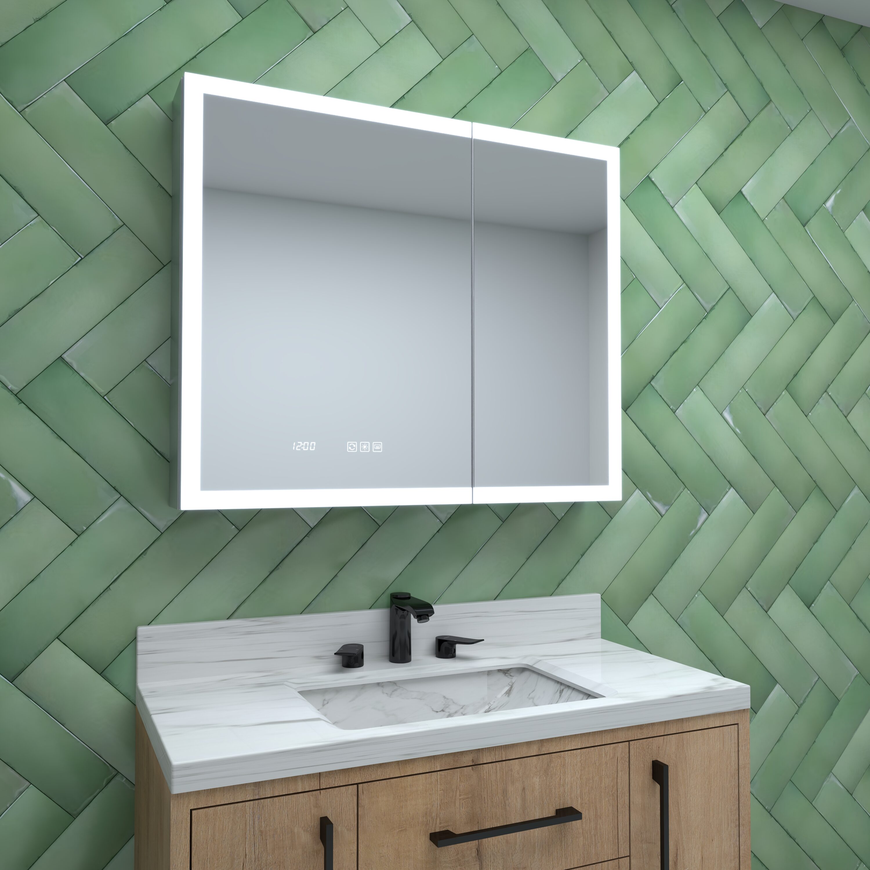 Royal Guard LMC3630-6 Clean 36-in x 30-in Lighted LED Fog Free Surface/Recessed Mount Silver Mirrored Rectangle Soft Close Medicine Cabinet with Outlet