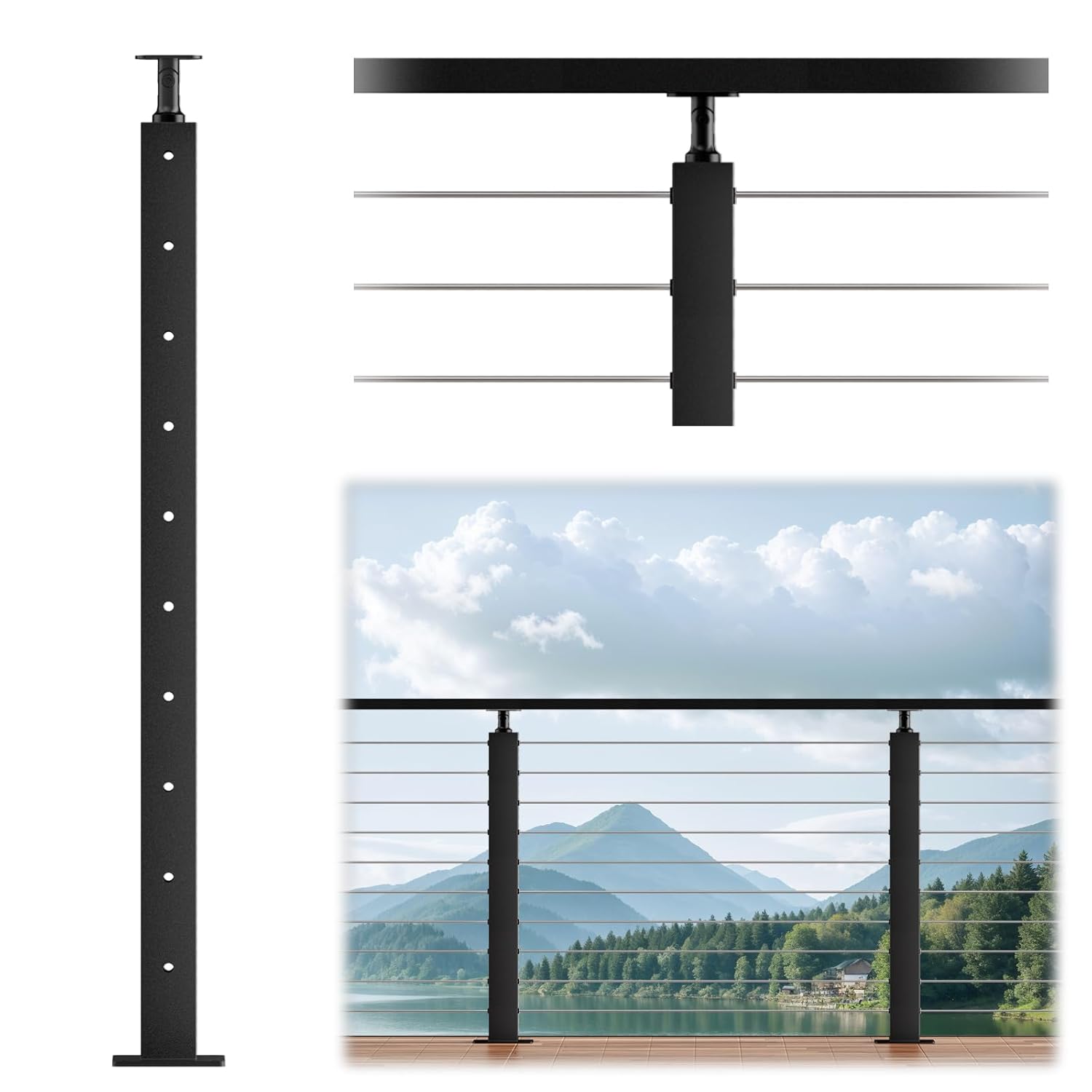 LOVMOR 36 inch H Black Cable Railing Level Post Mount Cable Railing System Kit Indoor Outdoor #SF-R-LZ-1