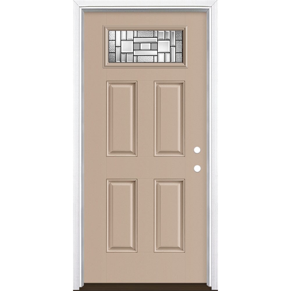 Masonite 3421341 Naples 36-in x 80-in x 4-9/16-in Fiberglass 1/4 lite Left-hand inswing Sandy Shore Painted Prehung Single door Front Door with Brickmould Insulating core Decorative glass