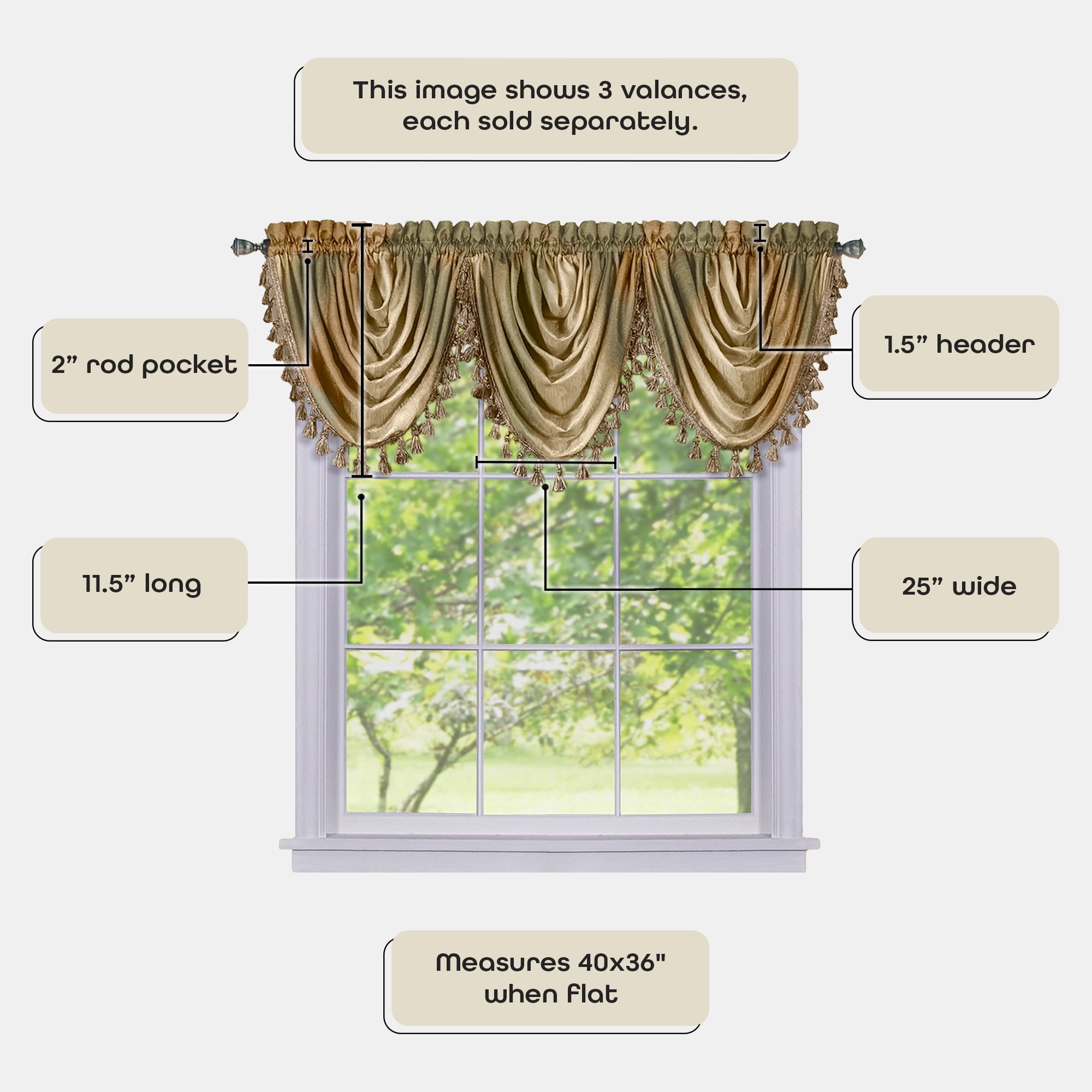 Beige Ombre Waterfall Light Filtering Curtain Valance with Tassels, 46x42