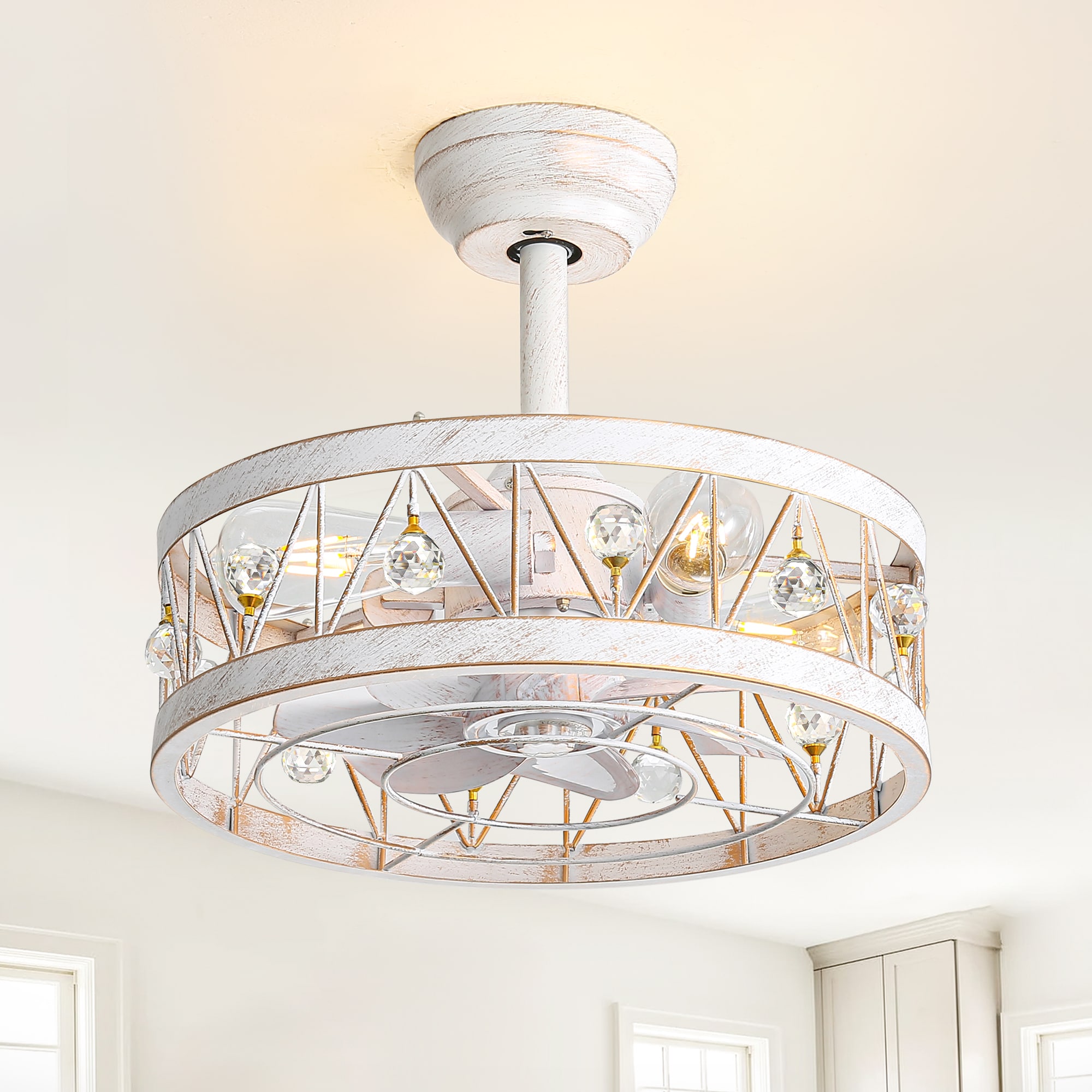 Breezary 35005-WG 17-in Distressed White and Gold with White Blades Fandelier Ceiling Fan With Light - Remote Included ( 7 -Blade )