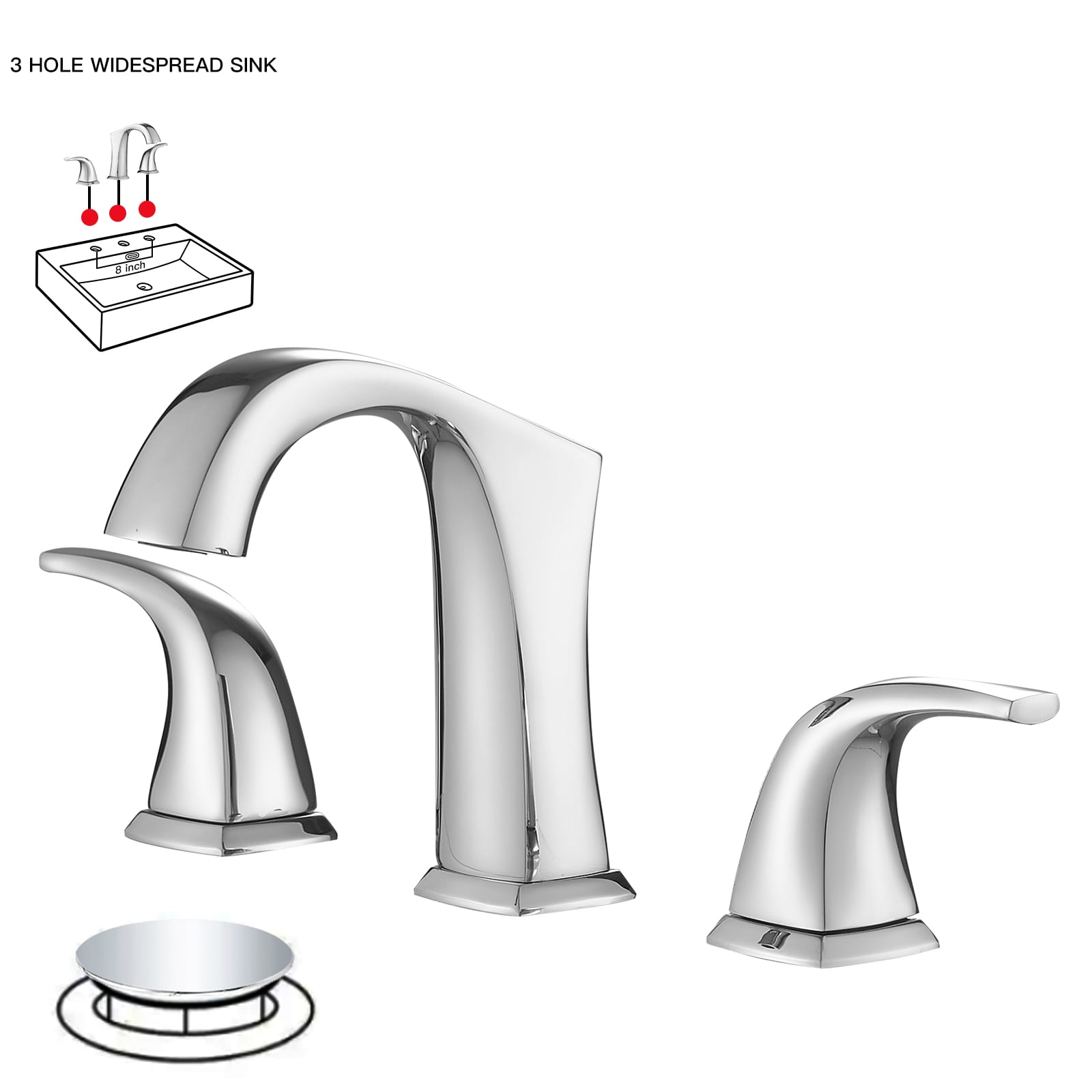 BWE A-9C-16454-C-4 Polished Chrome Widespread 2-handle WaterSense Mid-arc Commercial/Residential Handle Bathroom Sink Faucet with Drain