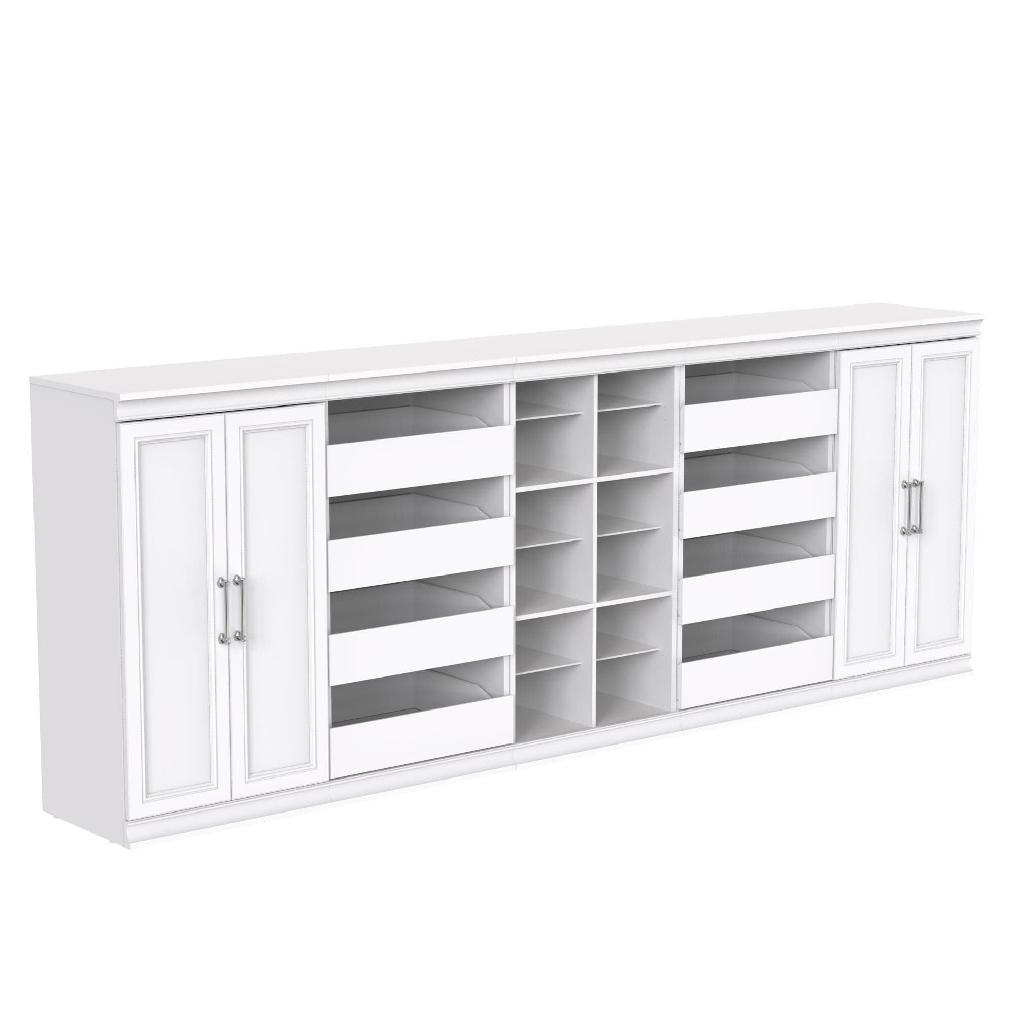 White Modular Storage System with Drawers and Shelves, 107" Wide