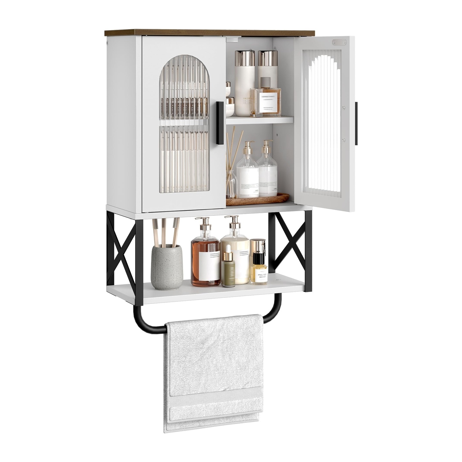 LILILIAN FMY  Bathroom Wall Cabinet with Adjustable Shelf and Towel Bar Wall Mount Storage Cabinet with Two Glass Doors White and Walnut