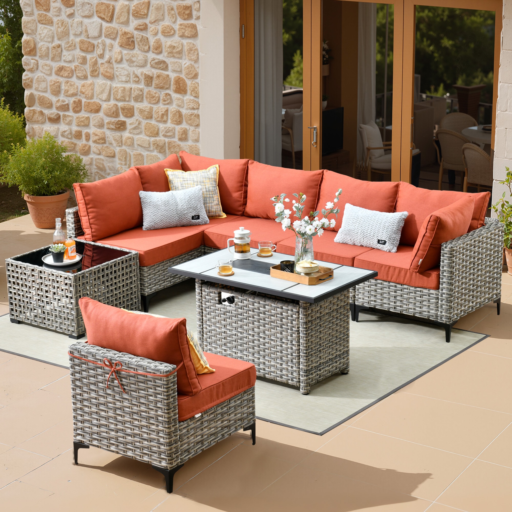 ALTRIGUS 6L-CFP-SKT80C8-AL 8 -Piece Wicker Patio Sofa Conversation Set with Orange Cushions
