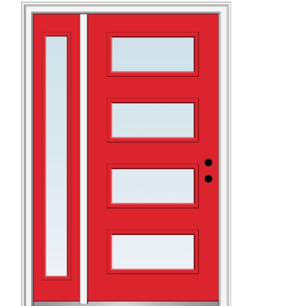 MMI DOOR ZZ348293L Spotlights 50-in x 80-in x 6-9/16-in Fiberglass Pulse lite Left-hand inswing Red Saffron Painted Prehung Front Door with Left Sidelight with Brickmould Insulating core