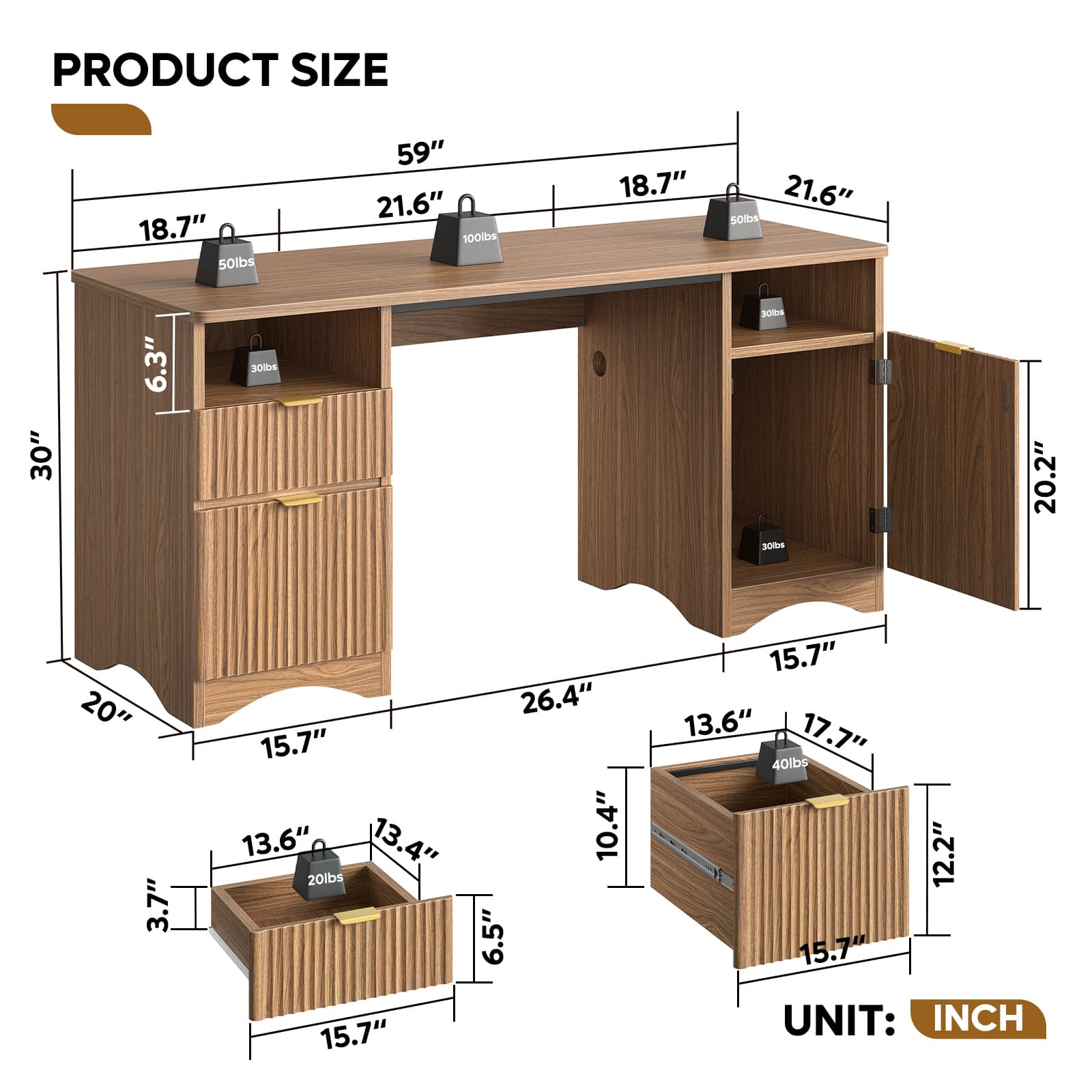 Bestier 59-in W Brown Modern Computer Desk with Storage Drawers