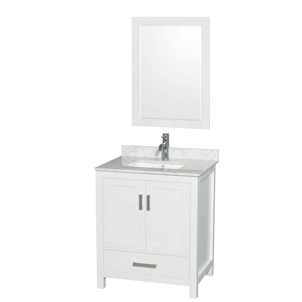 Wyndham Collection WCS141430SWHCMUNSM24 Sheffield 30-in White with Brushed Chrome Trim Undermount Single sink Bathroom Vanity with White Carrara Marble Natural marble Top (Mirror Included)