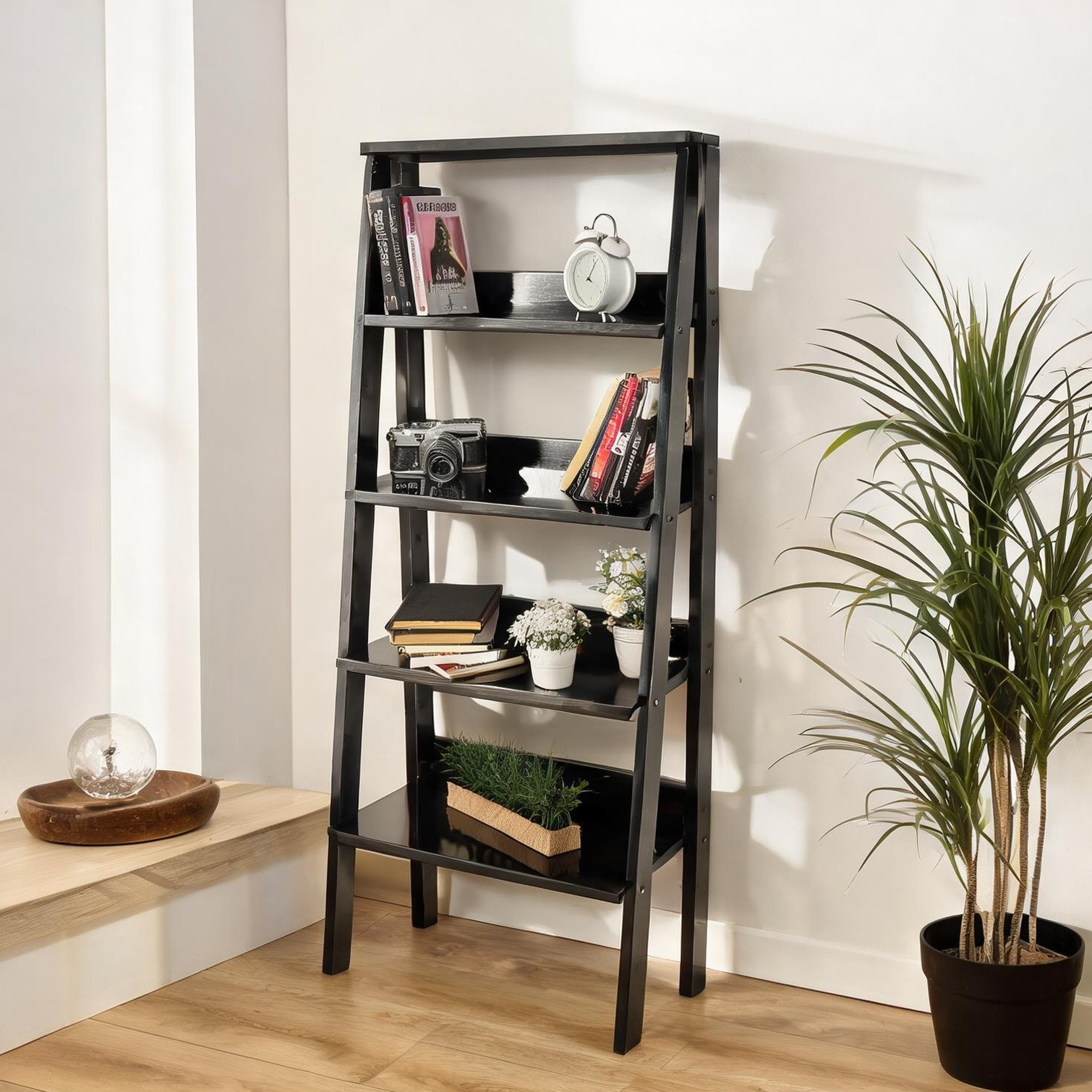 FlowLuxe 55-Inch Tall 5-Tier Ladder Bookshelf in Sleek Black Solid Wood ...