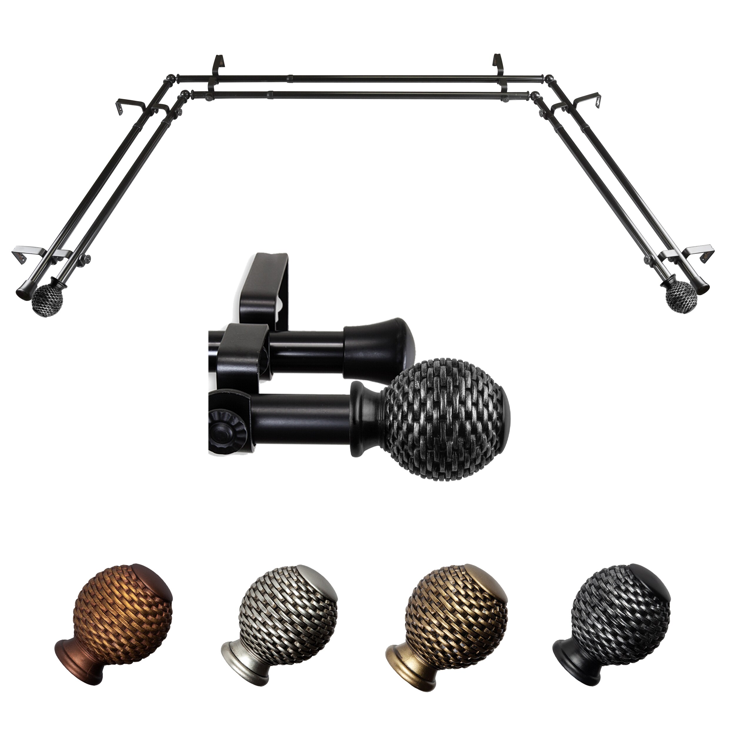 Hart & Harlow L-ABAY-79-2D Orion 13/16-in Double 38-in to 72-in Black Steel Bay window curtain rod with Finials