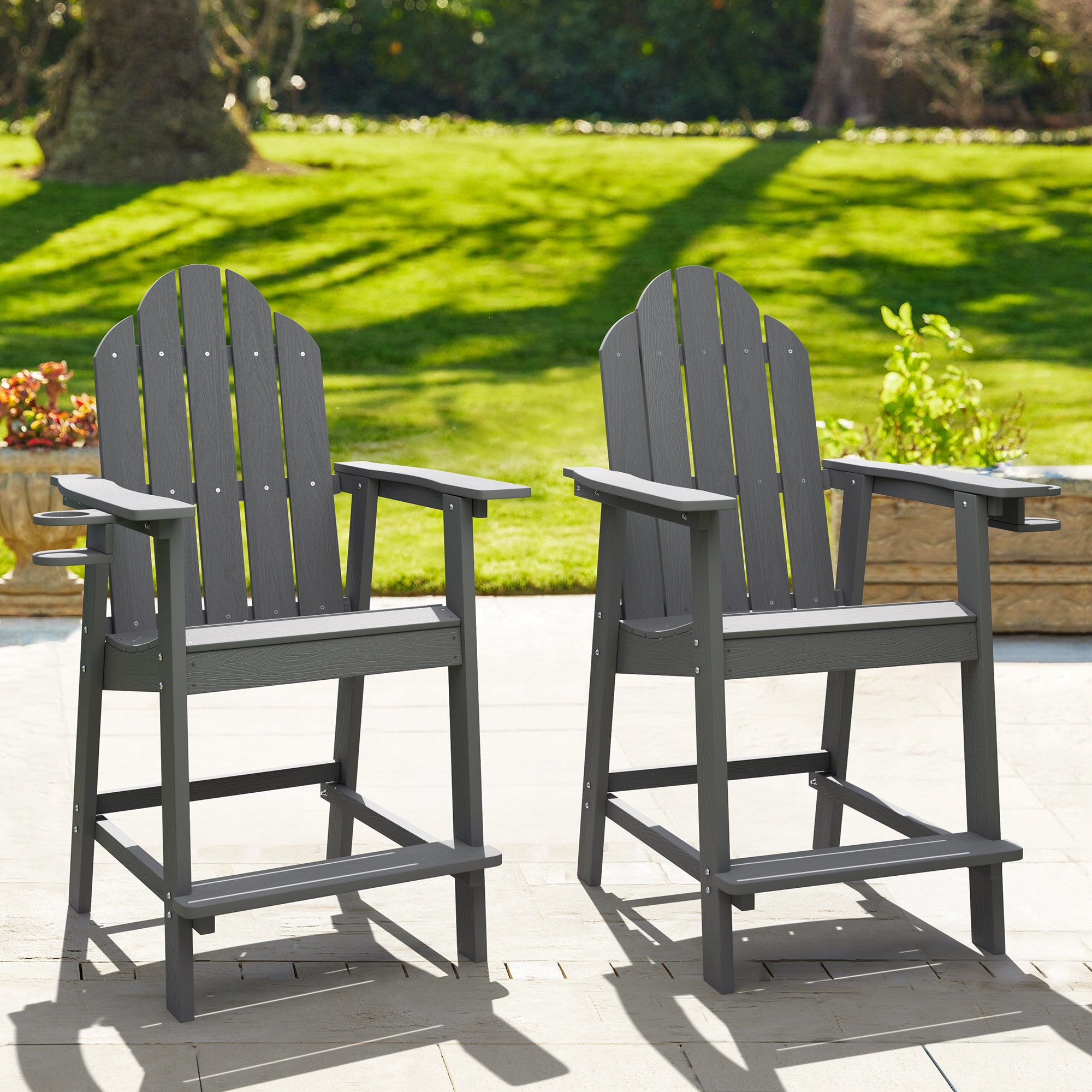 Yurevna LD-DG-2 Patio Bar Stool Set of 2 Dark Gray Polyethylene Frame Stationary Bar Stool Chair with Slat Seat