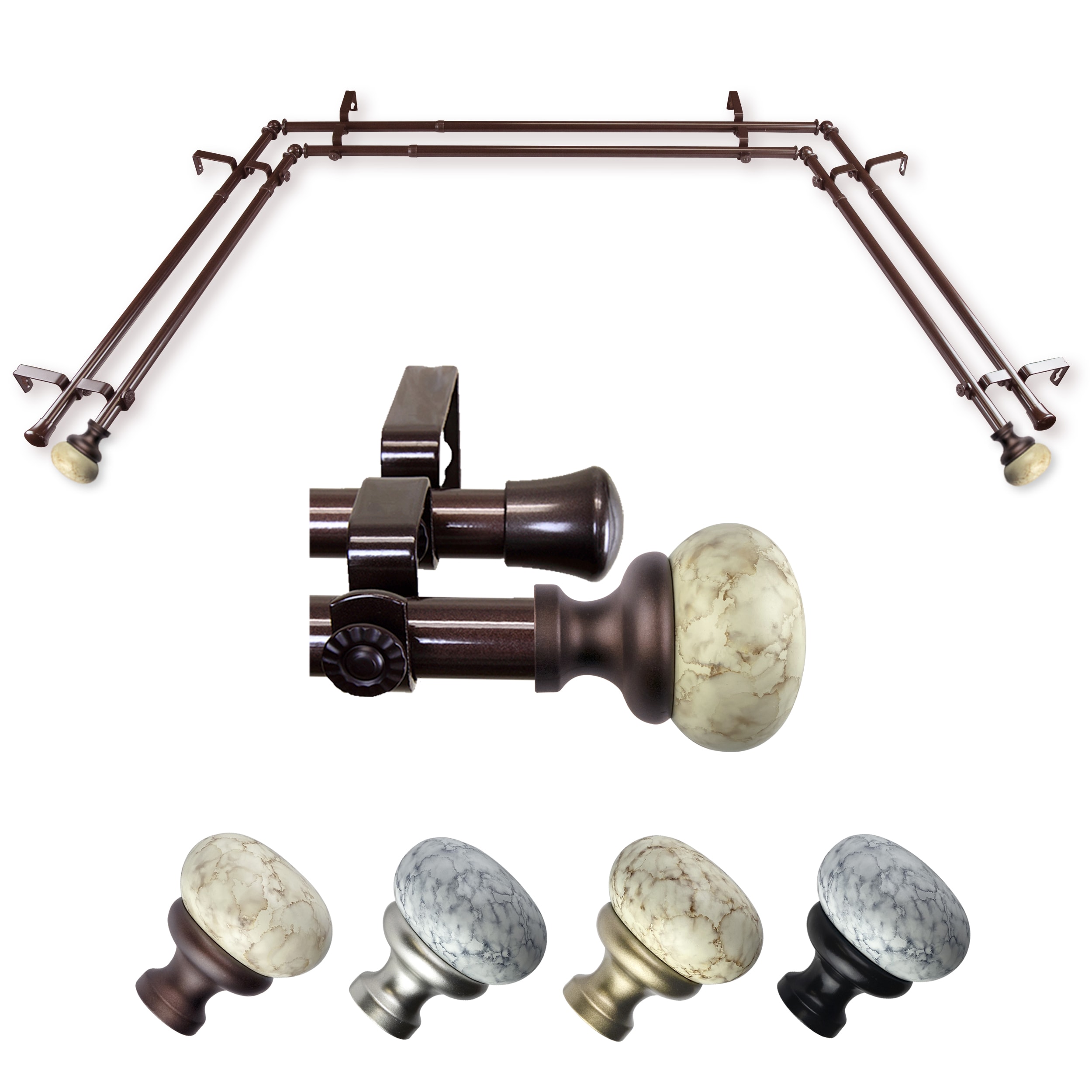 Hart & Harlow L-ABAY-76-7D Marvin 13/16-in Double 38-in to 72-in Cocoa Steel Bay window curtain rod with Finials