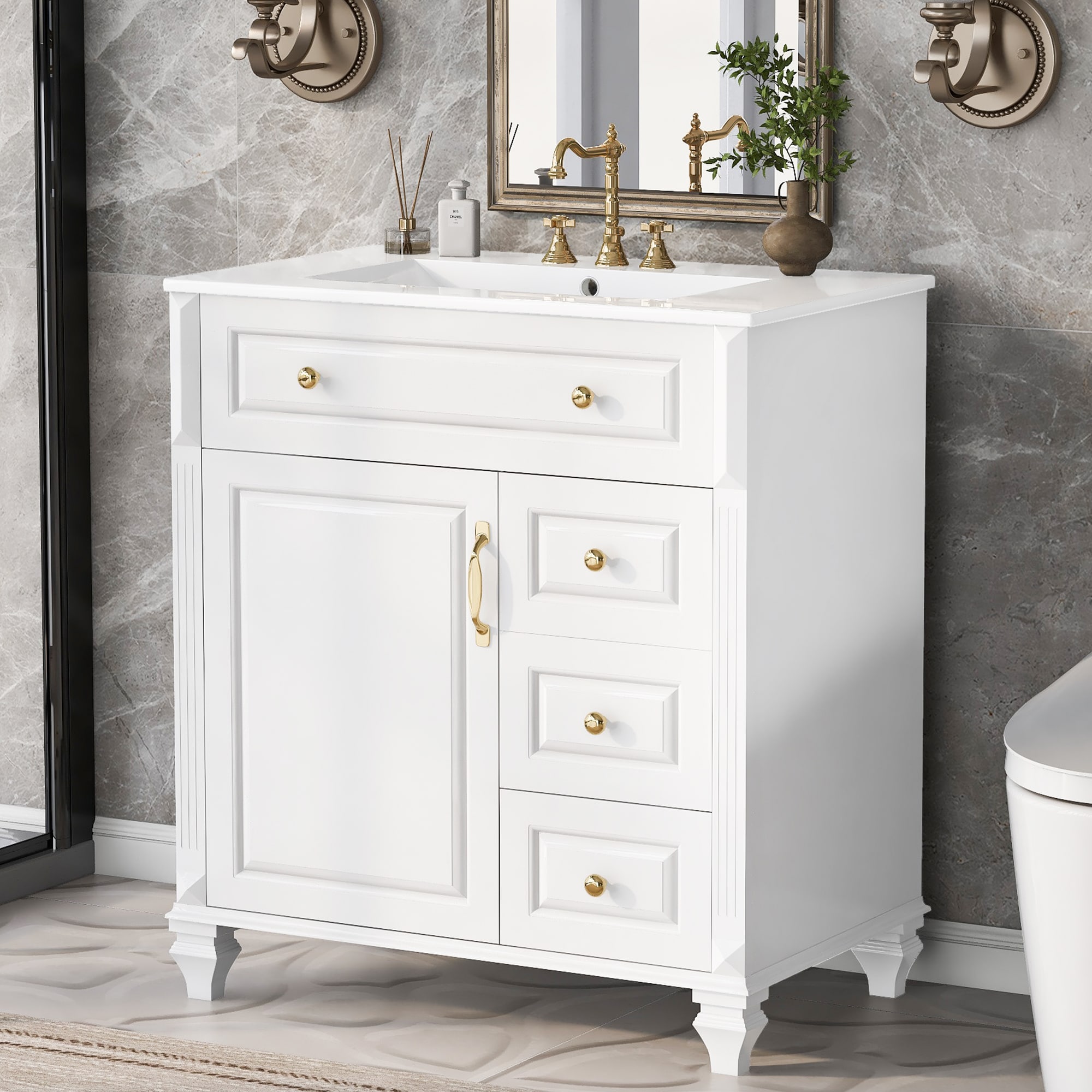 Forclover - Solid Wood Requires assembly 30-in White Undermount Single Sink Bathroom Vanity with ...