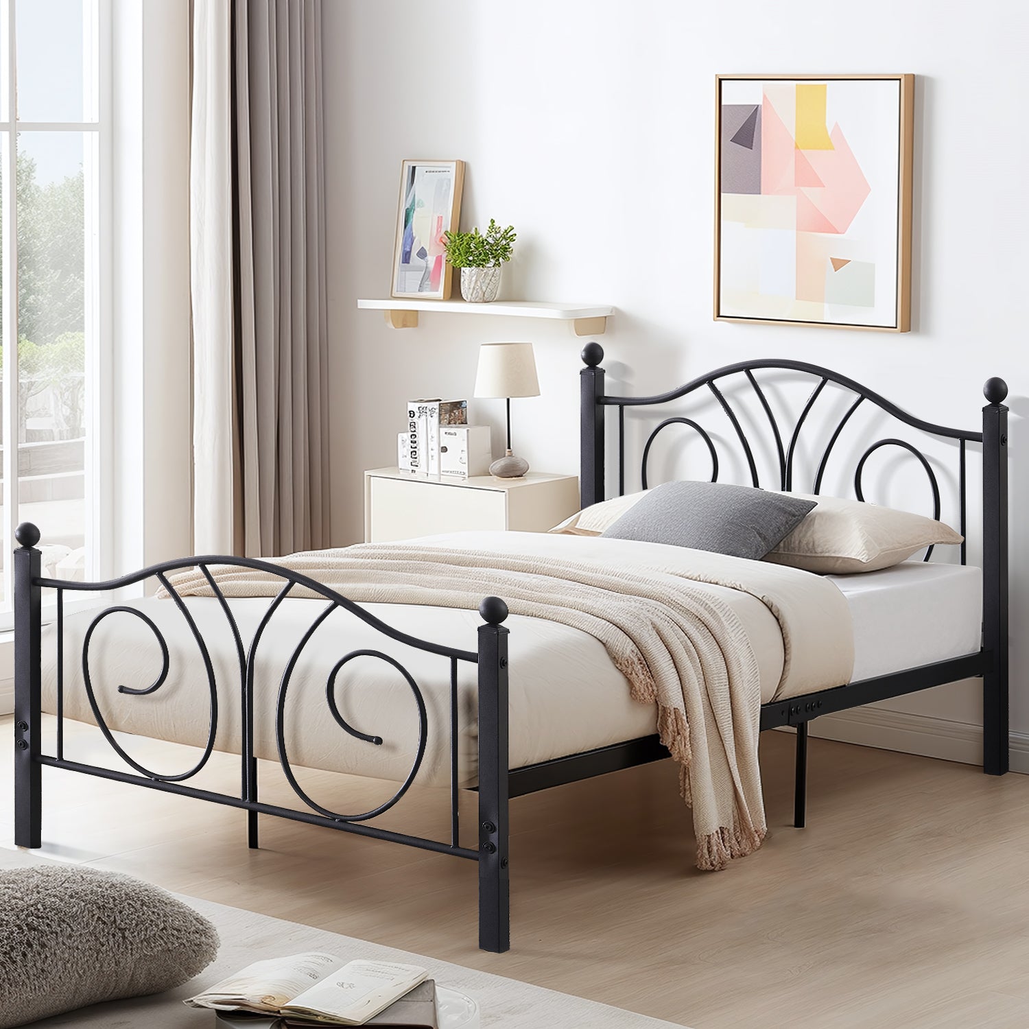 Vecelo LOE-YT-T18 Twin Size Metal Platform Bed Frame with headboard and Footboard Steel Slat Support Easy Assembly Black